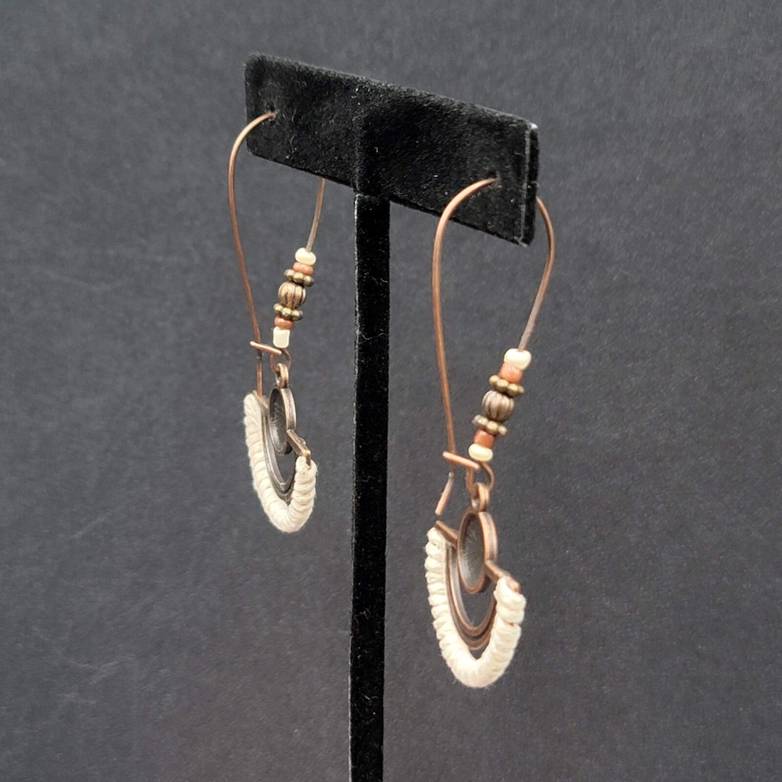 New Boho Pierced Earrings Copper tone Beaded White Dangle Large Hook 2.25"