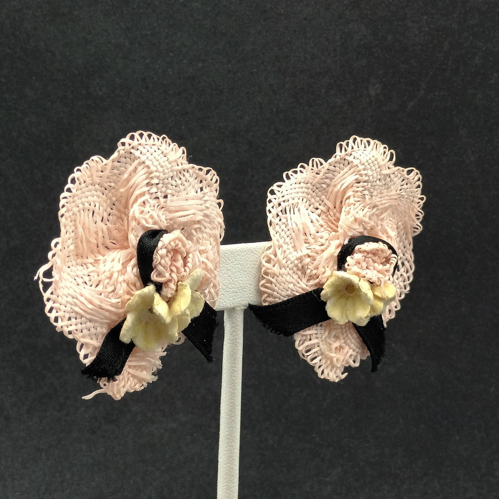 Vintage Clip on Earrings Pink Fabric Hat White Flower Statement Drop 2"