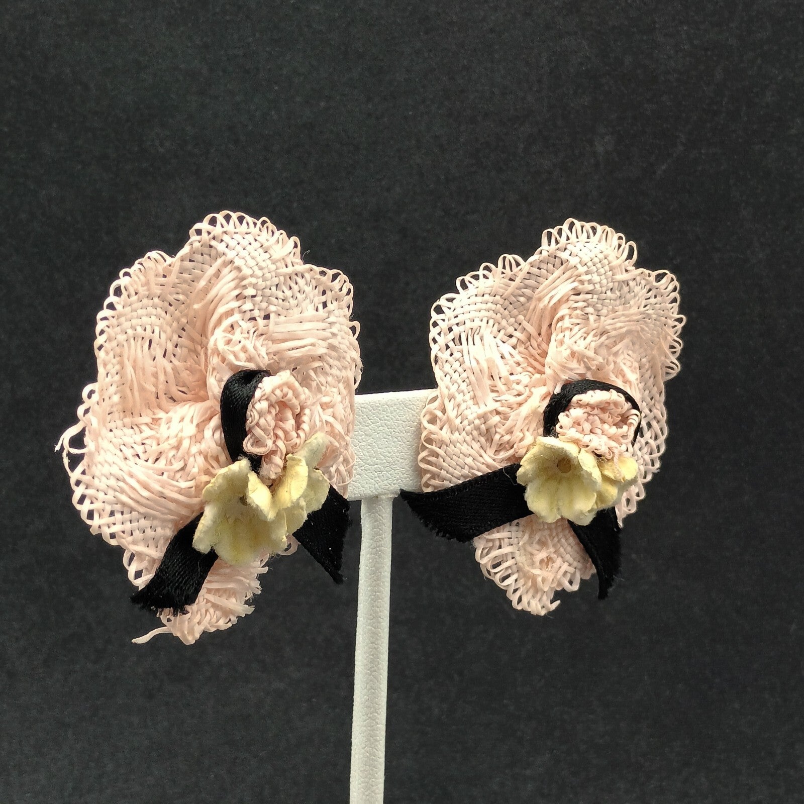 Vintage Clip on Earrings Pink Fabric Hat White Flower Statement Drop 2"