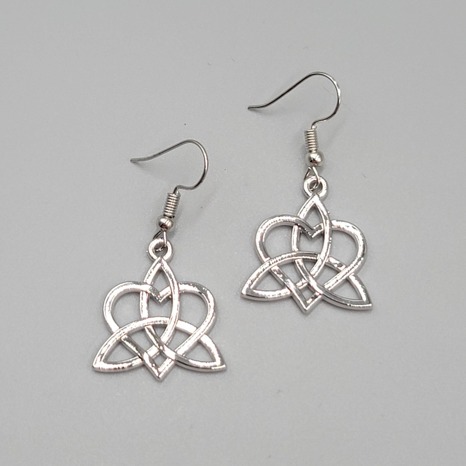 Celtic Heart Knot Pierced Earrings Silver tone Dangle 7/8"