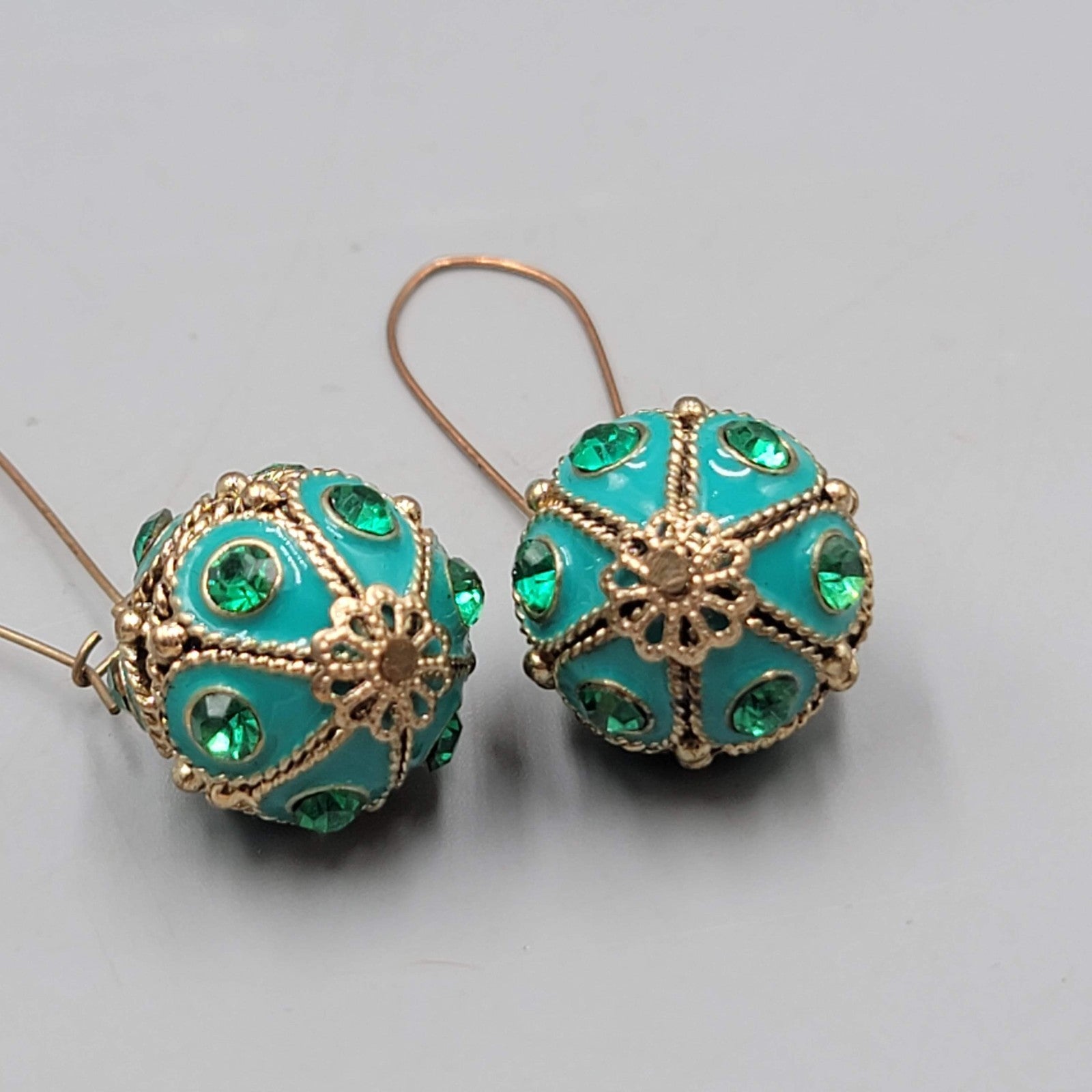 Green Rhinestone Blue Enamel Boho Pierced Earrings Gold tone Dangle 2.5 in