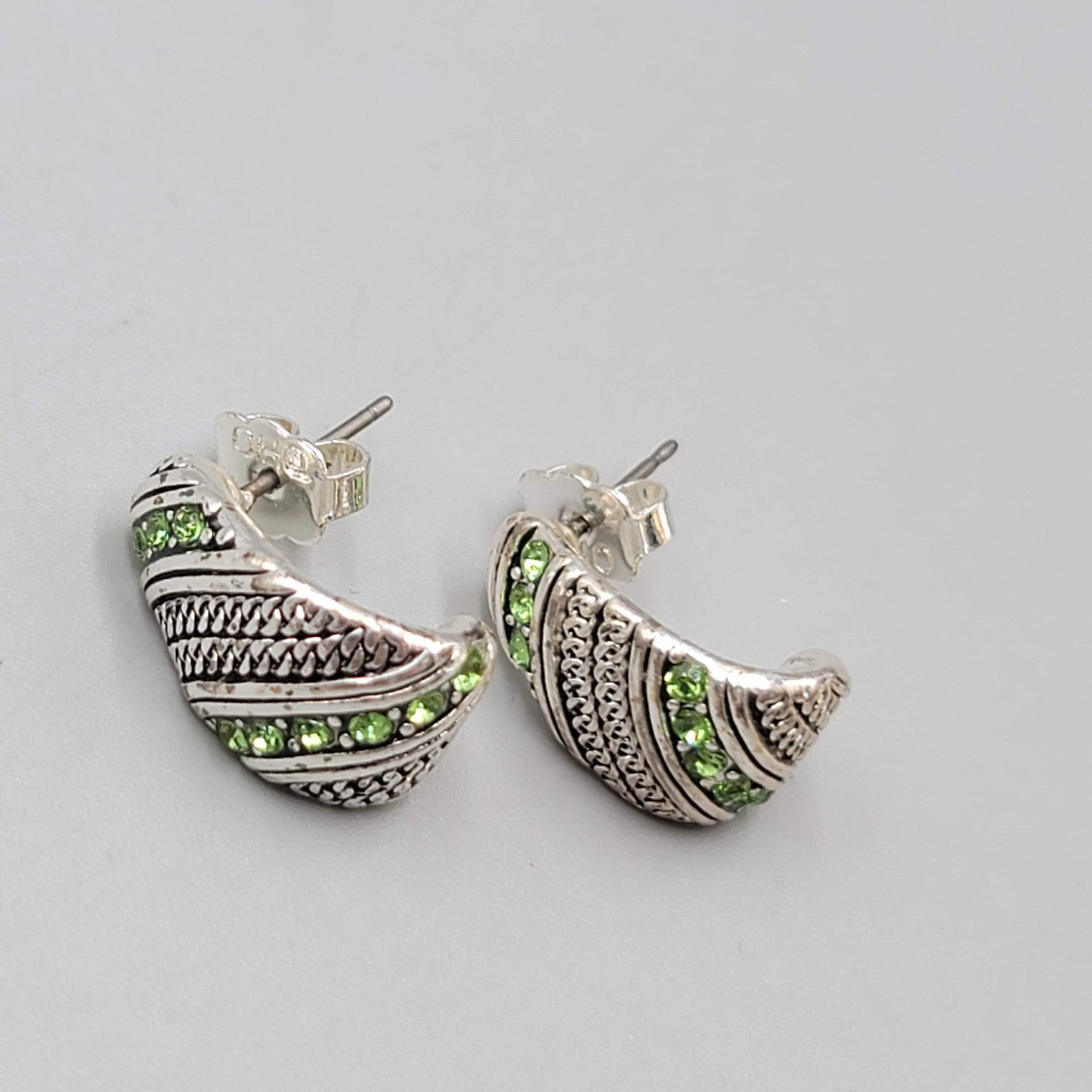 Green Crystal Pierced Earrings Silver tone Drop 5/8 in