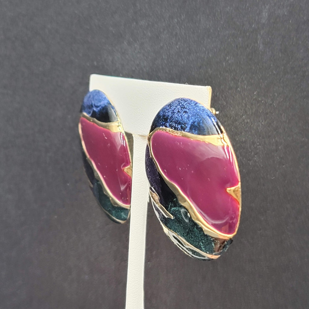 Vintage Pierced Earrings Blue Purple Enamel Round Statement 1.5"