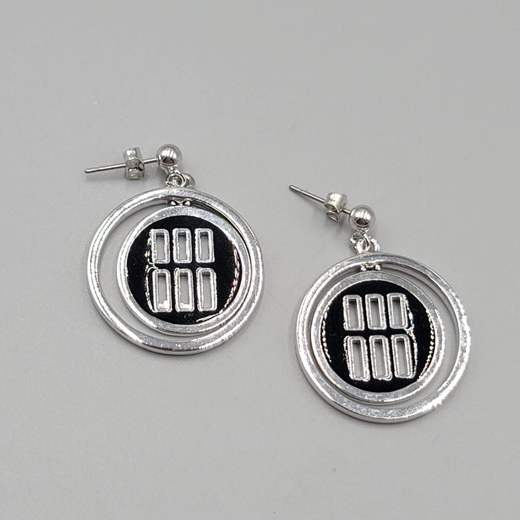 Black Enamel Pierced Earrings Silver tone Dangle Round 1.25"