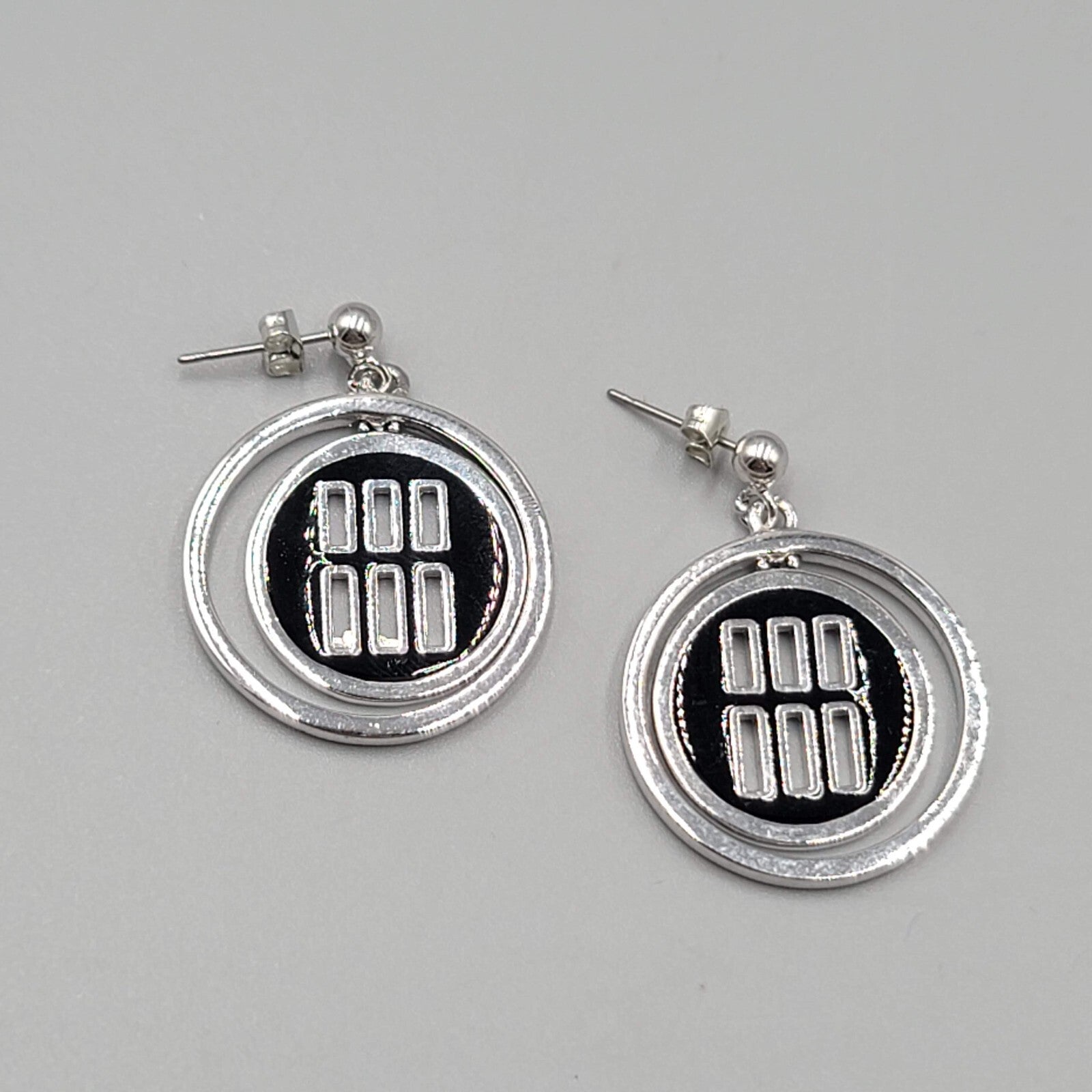 Black Enamel Pierced Earrings Silver tone Dangle Round 1.25"