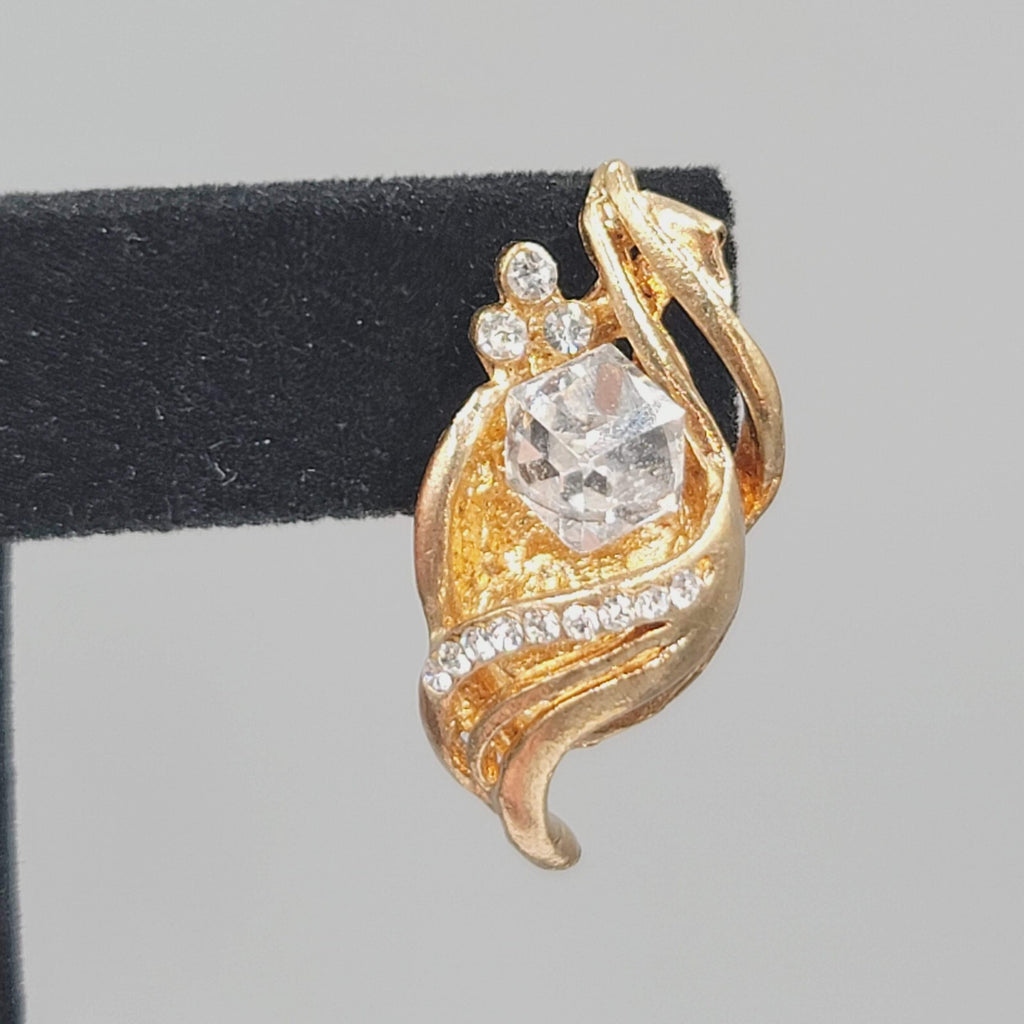 Vintage Statement Drop Pierced Earrings Large Rhinestone Gold Plated 1.25"