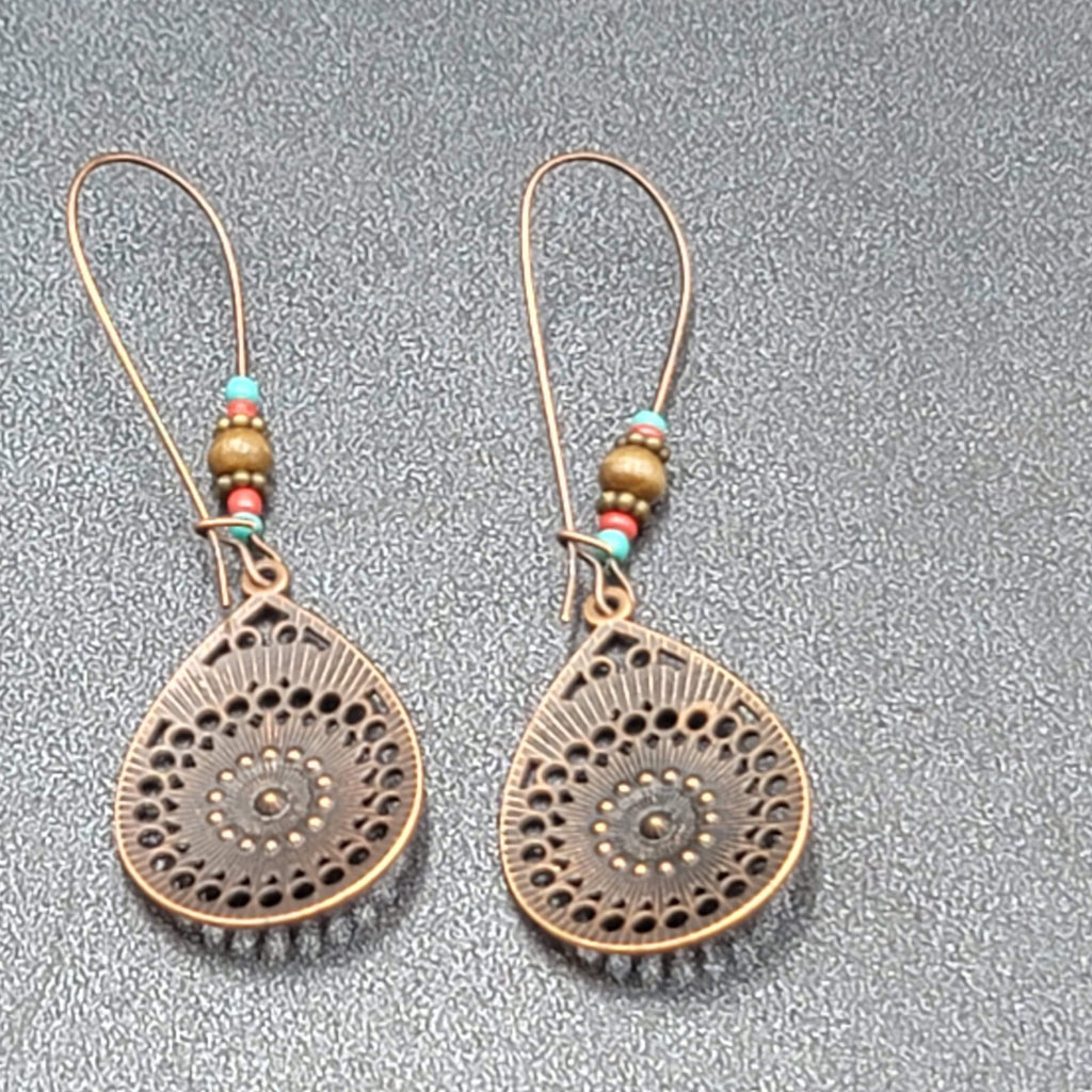 New Boho Pierced Earrings Copper tone AB Crystal Beaded 2 5/8"