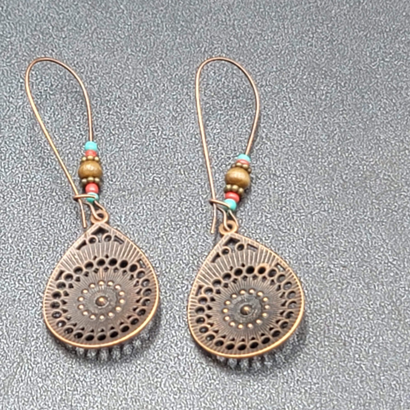 New Boho Pierced Earrings Copper tone AB Crystal Beaded 2 5/8"