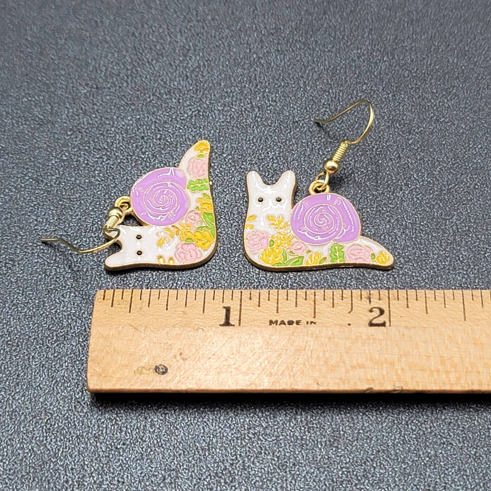 Purple Snail Pierced Earrings Gold tone Enamel Flowers Dangle 3/4"