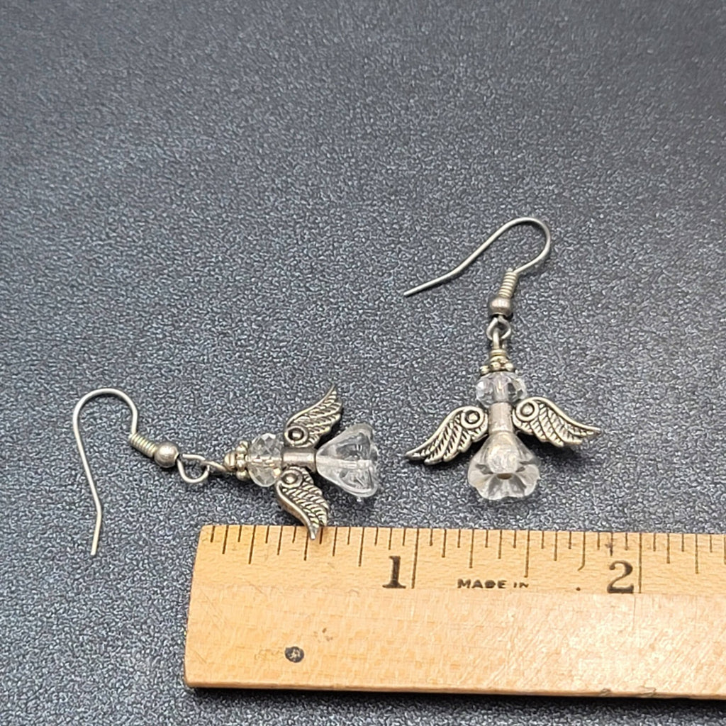 Angel Pierced Earrings Silver tone Glass Beaded Dangle 7/8"