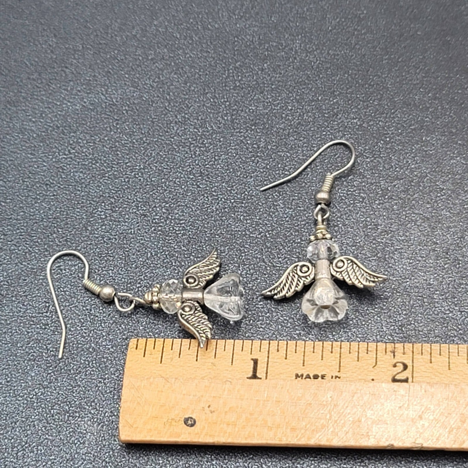 Angel Pierced Earrings Silver tone Glass Beaded Dangle 7/8"