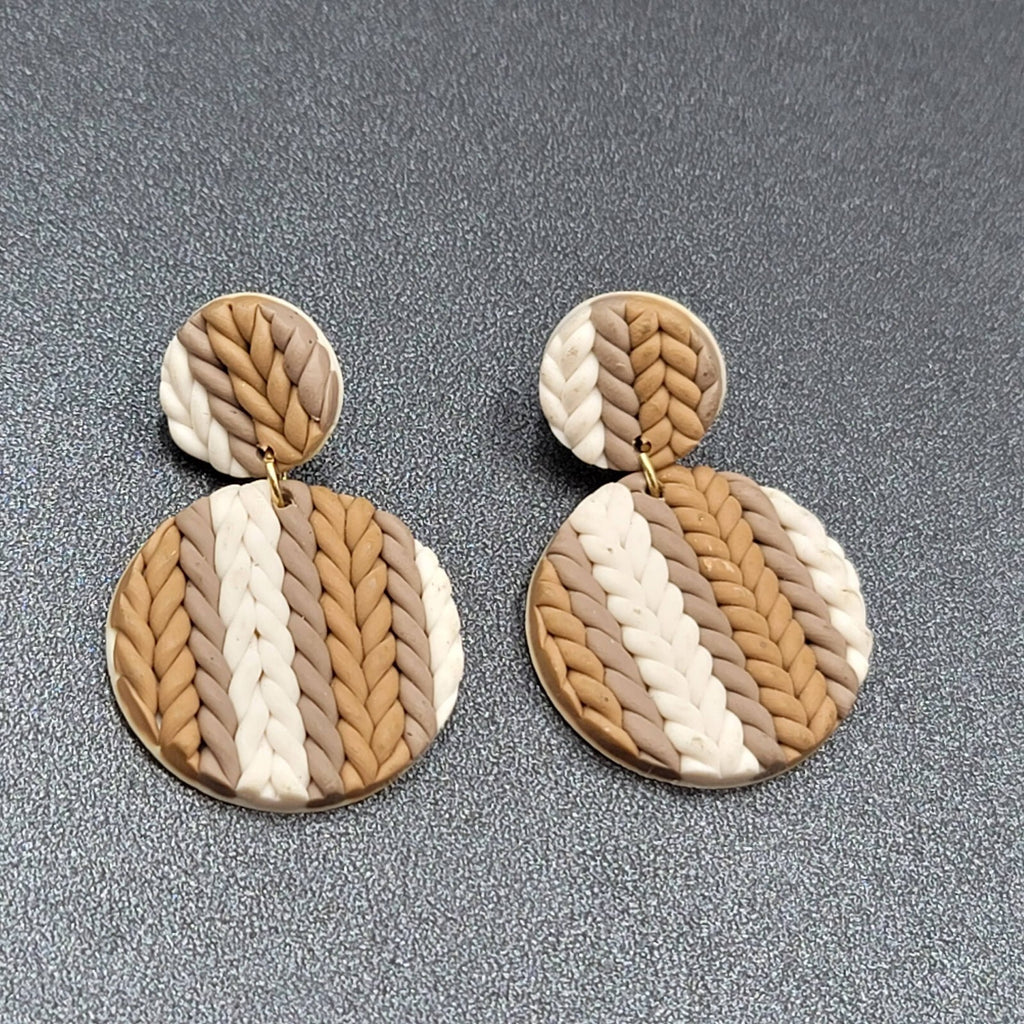 Pierced Earrings Brown White Braided Polymer Dangle 1 7/8"