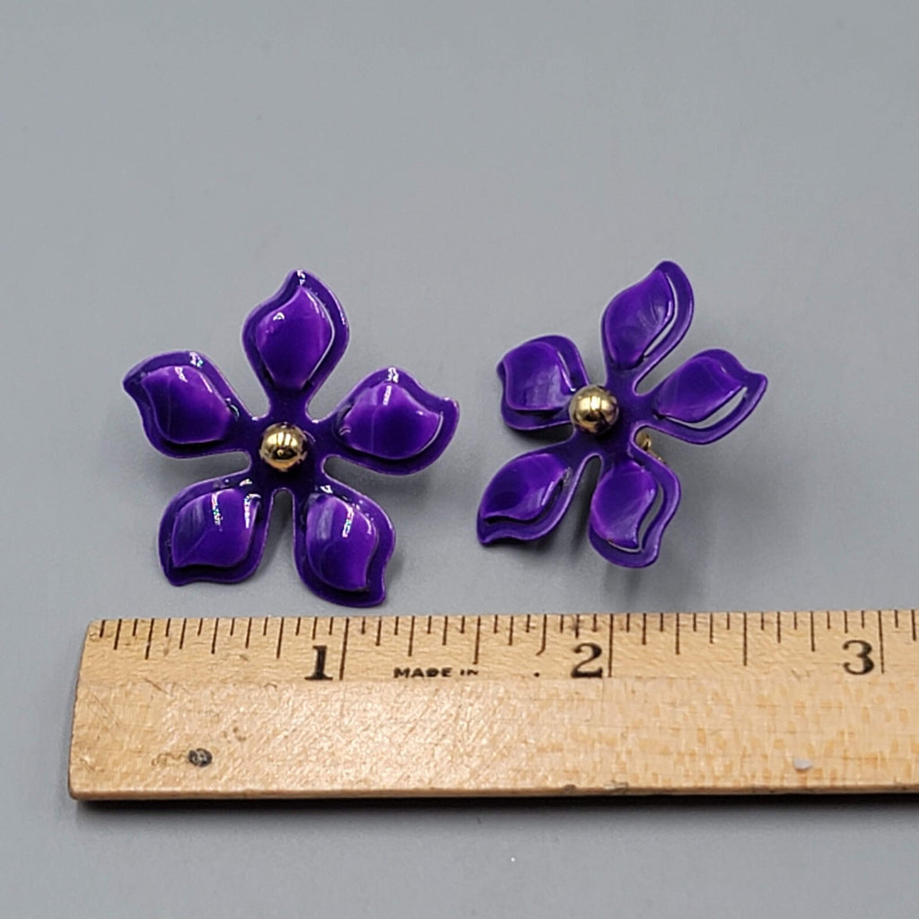 Purple Enamel Flower Jacket Pierced Earrings Gold tone Stud 1.25"