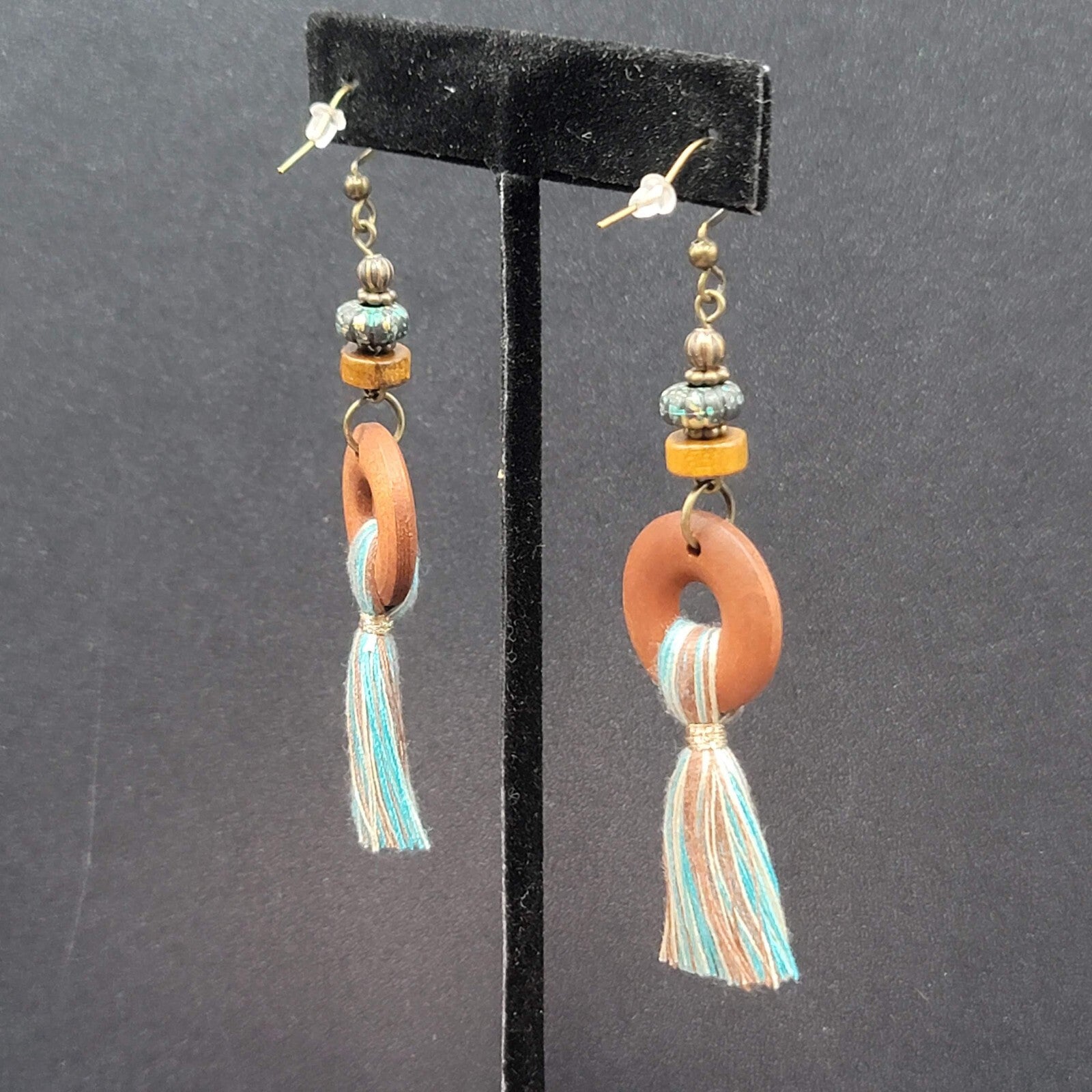 New Boho Pierced Earrings Wood Ring Blue White Tassel Beaded Dangle 2.75"