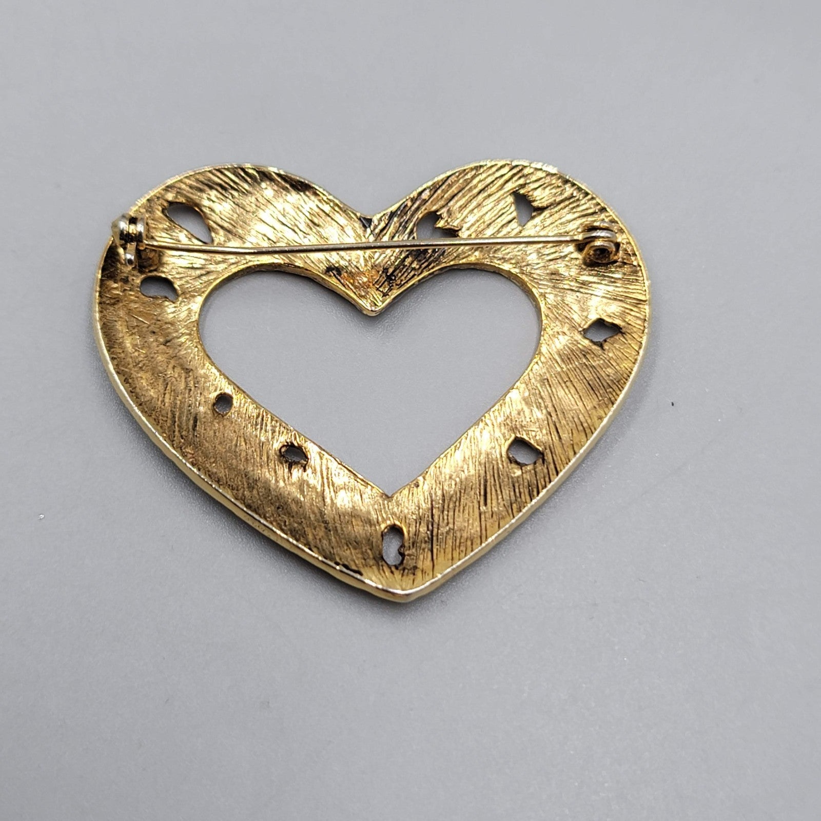 Vintage Open Heart Black Enamel Brooch Gold tone 1.75"