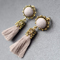 Boho Pierced Earrings Antiqued Gold tone Gray String Tassel 2"