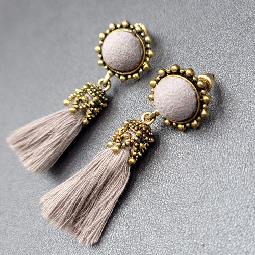 Boho Pierced Earrings Antiqued Gold tone Gray String Tassel 2"