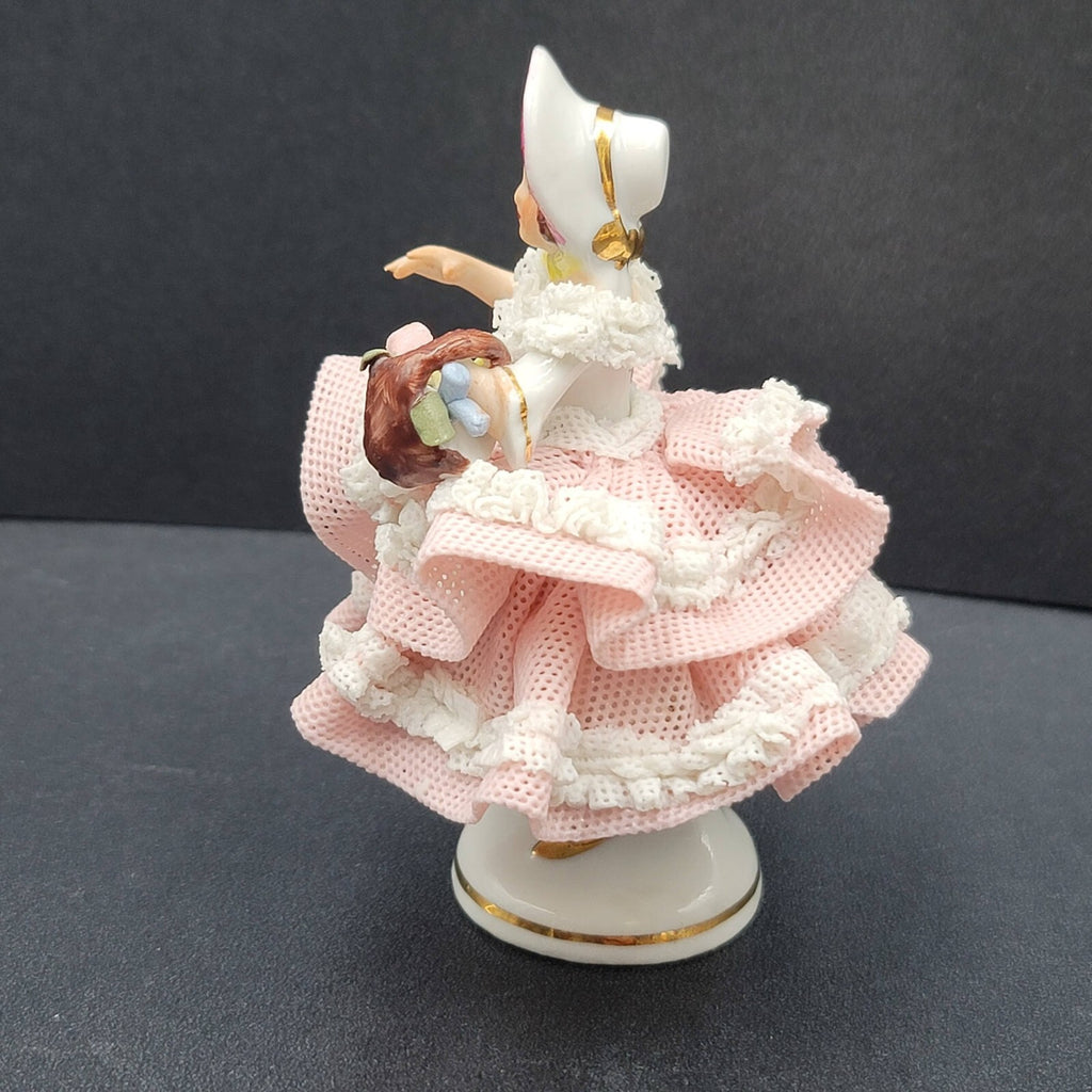 Dresden Porcelain Lace Lady in Bonnet Figurine Flowers 4 in