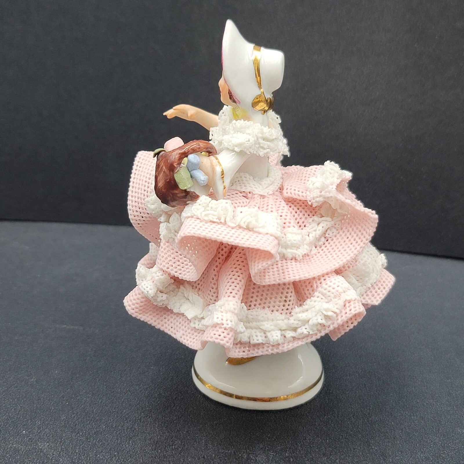 Dresden Porcelain Lace Lady in Bonnet Figurine Flowers 4 in