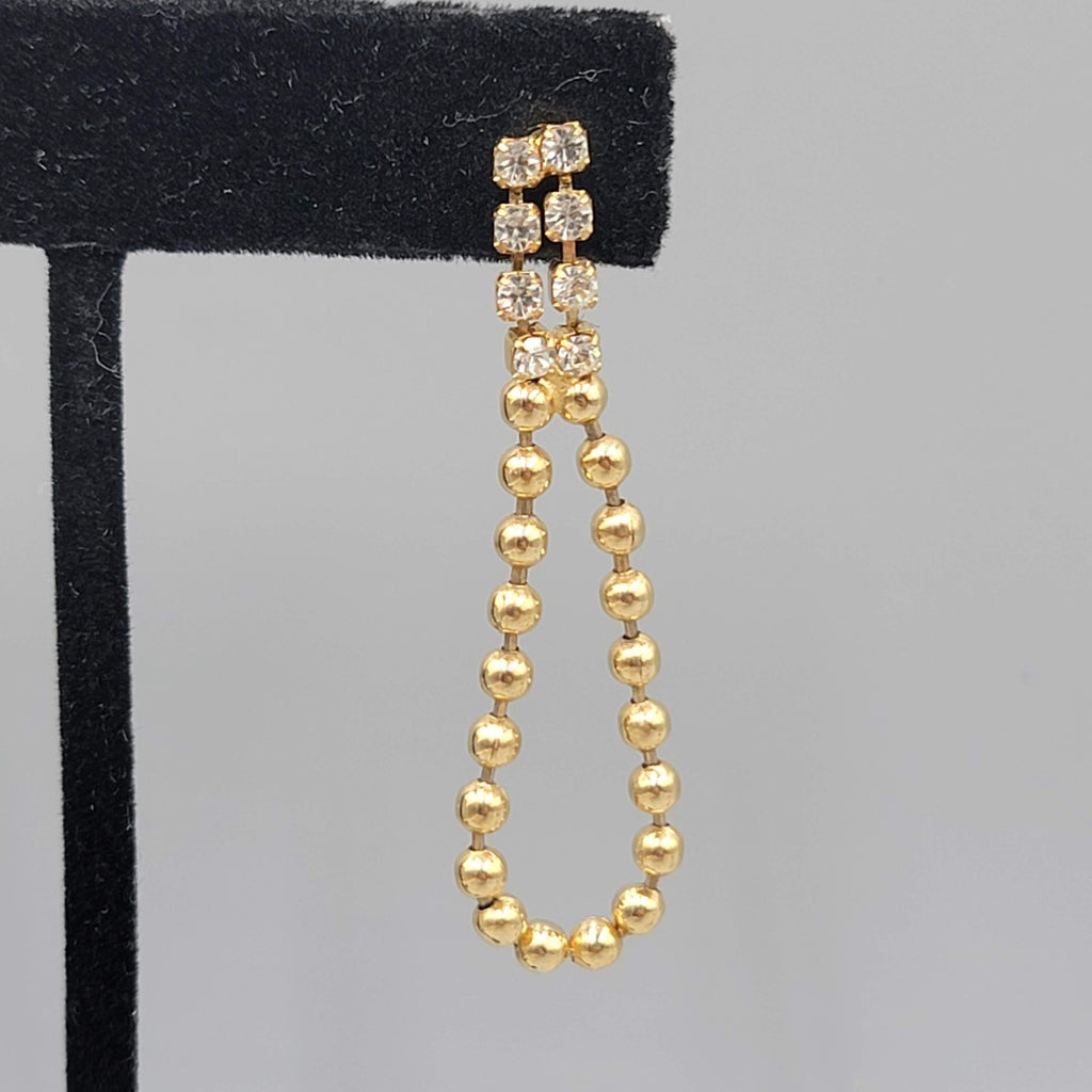 Vintage Dangle Ball Chain Pierced Earrings Rhinestone Gold tone Dangle 2"