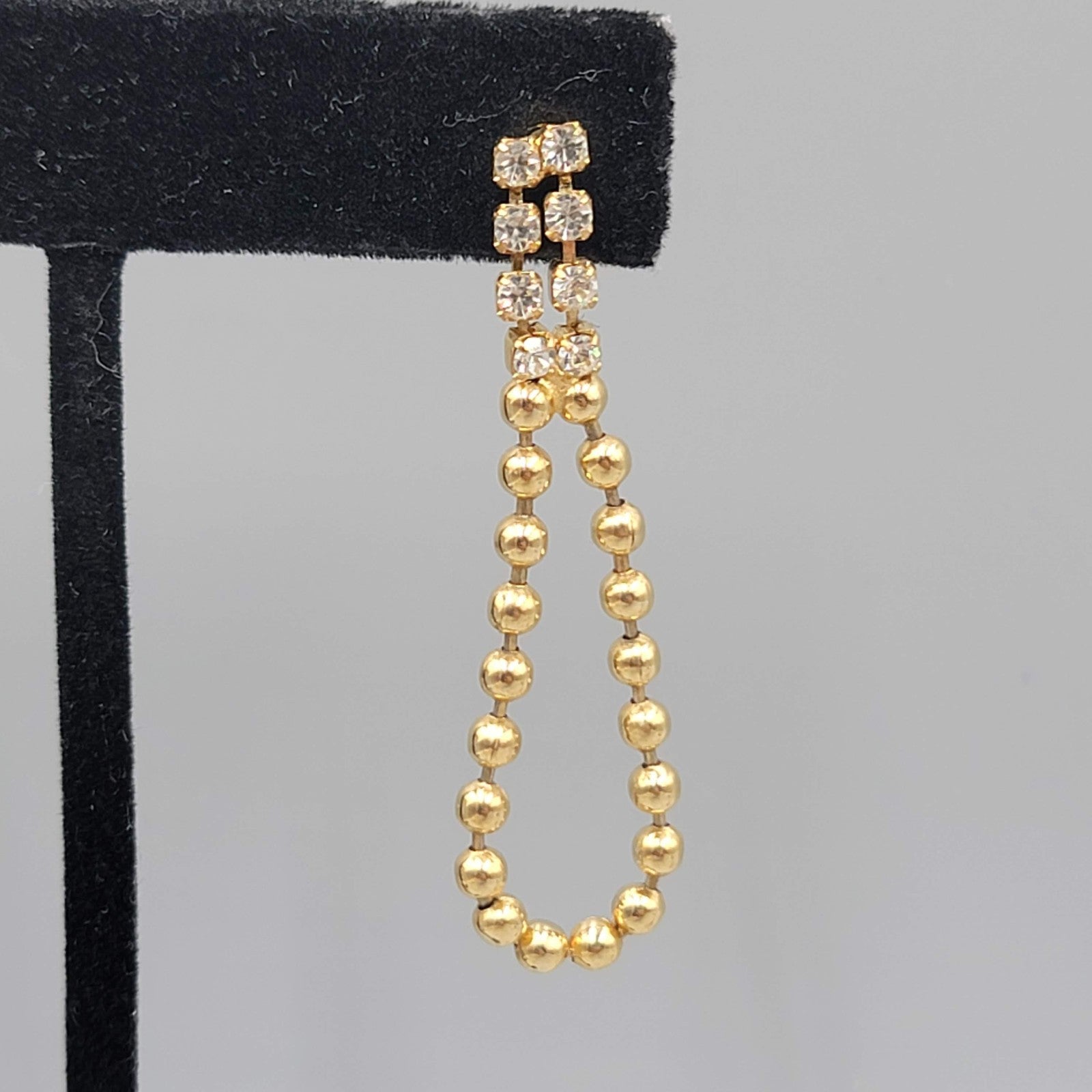 Vintage Dangle Ball Chain Pierced Earrings Rhinestone Gold tone Dangle 2"
