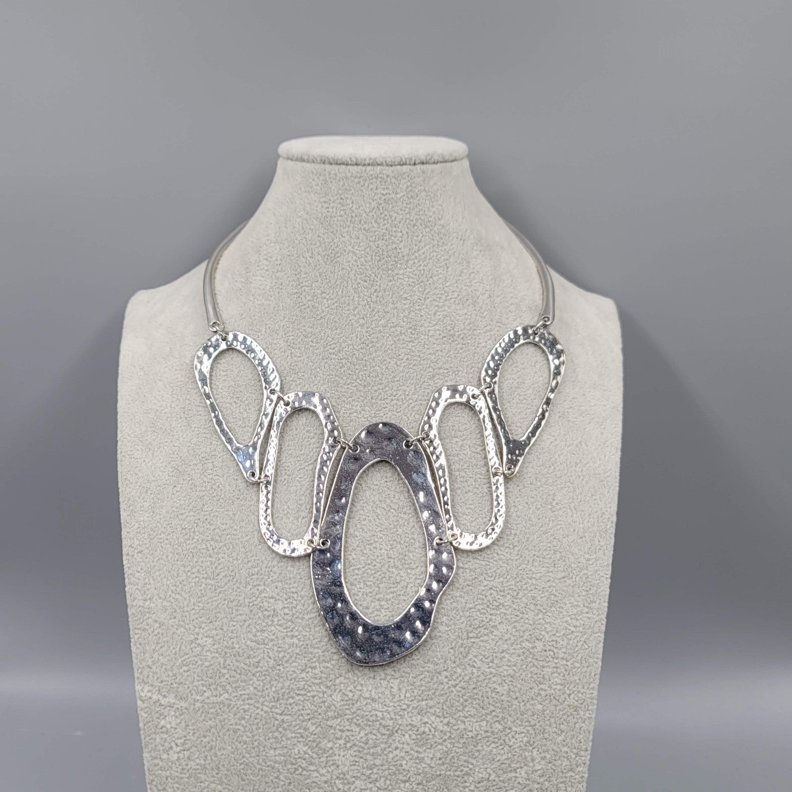 Statement Bib Hammered Silver tone Necklace 14"-18"