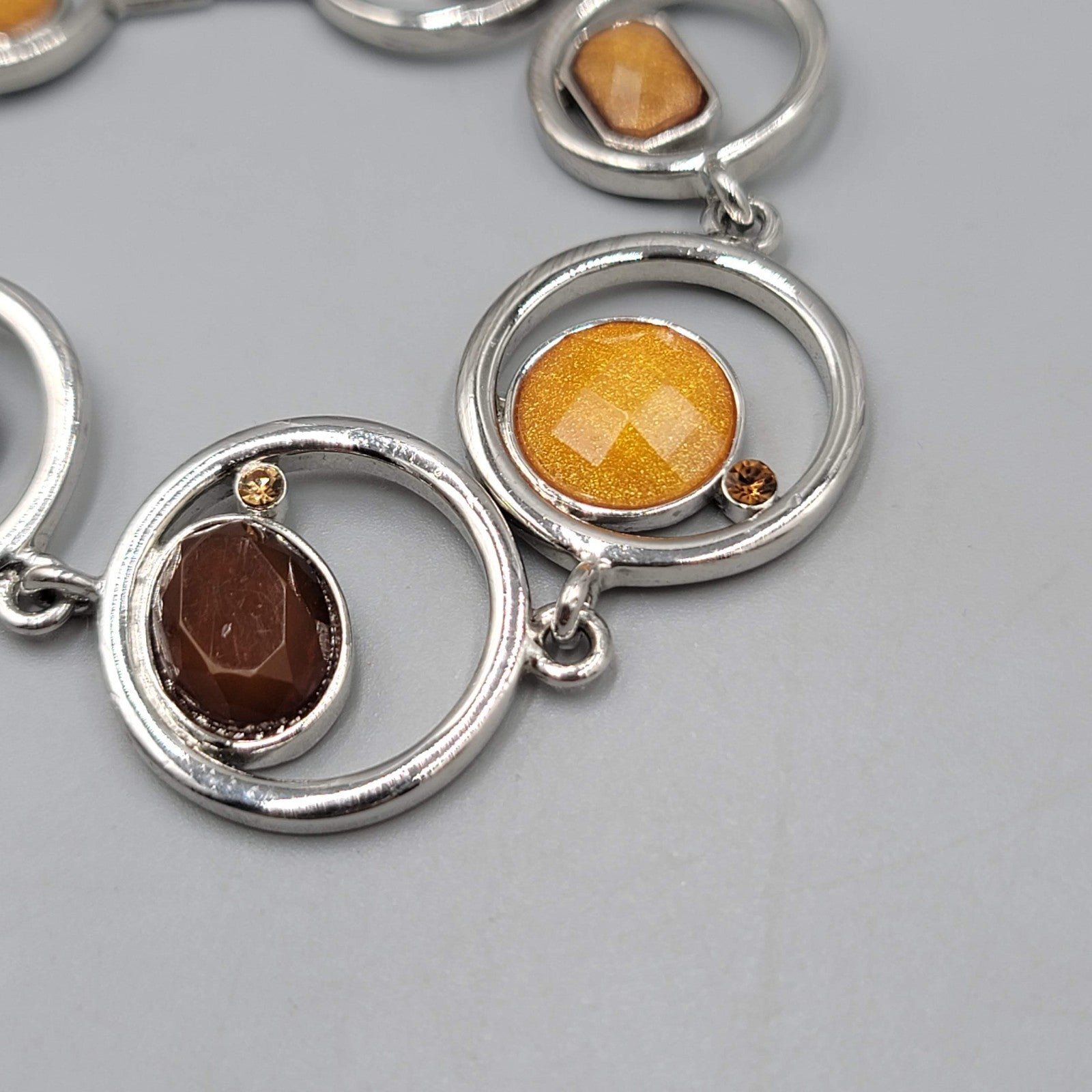 Silver tone Bracelet Orange Resin Accents Modernist 6.75"