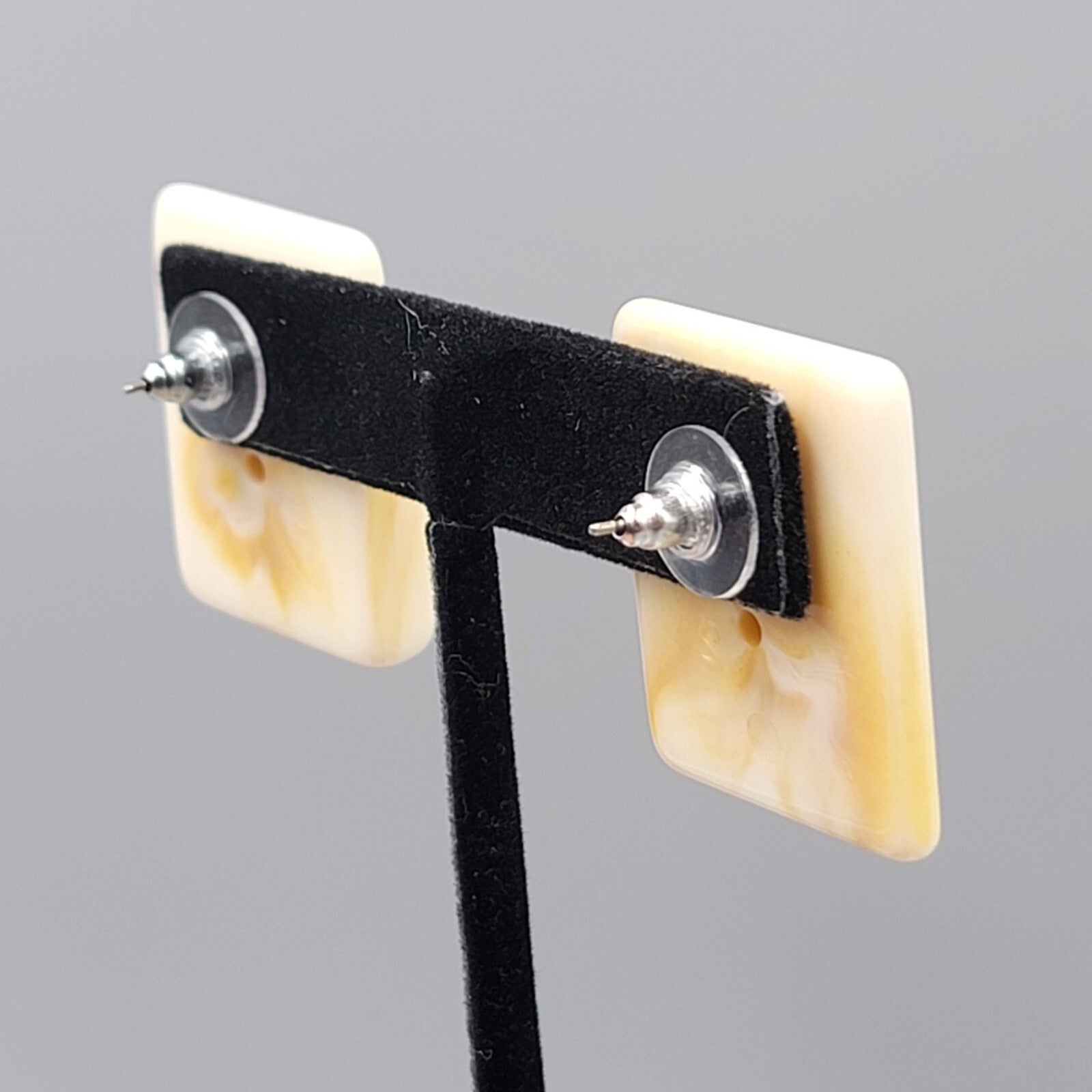 Vintage Pierced Earrings Acrylic Rectangle Drop Beige Tan Swirl 1.25"
