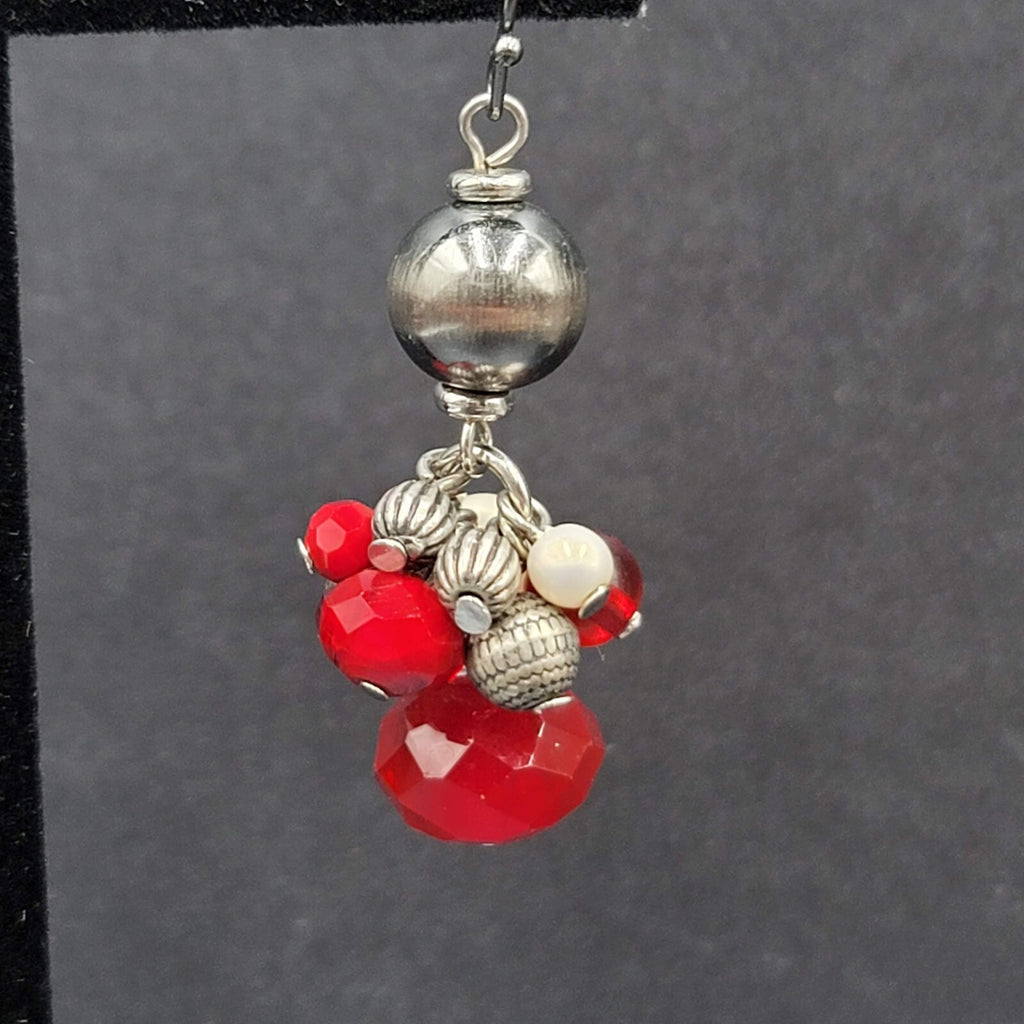 Pierced Earrings Silver tone Red Gray White Black Bead Dangle 1.5"
