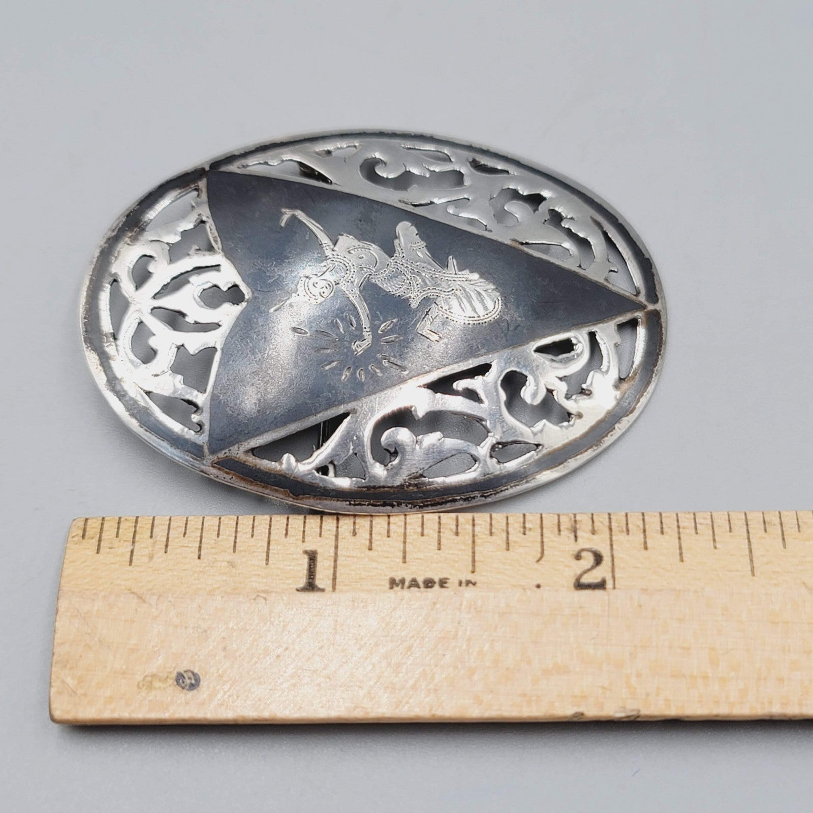 Vintage Siam Sterling Silver Nielloware Brooch Oval 2 1/4" x 1 5/8"