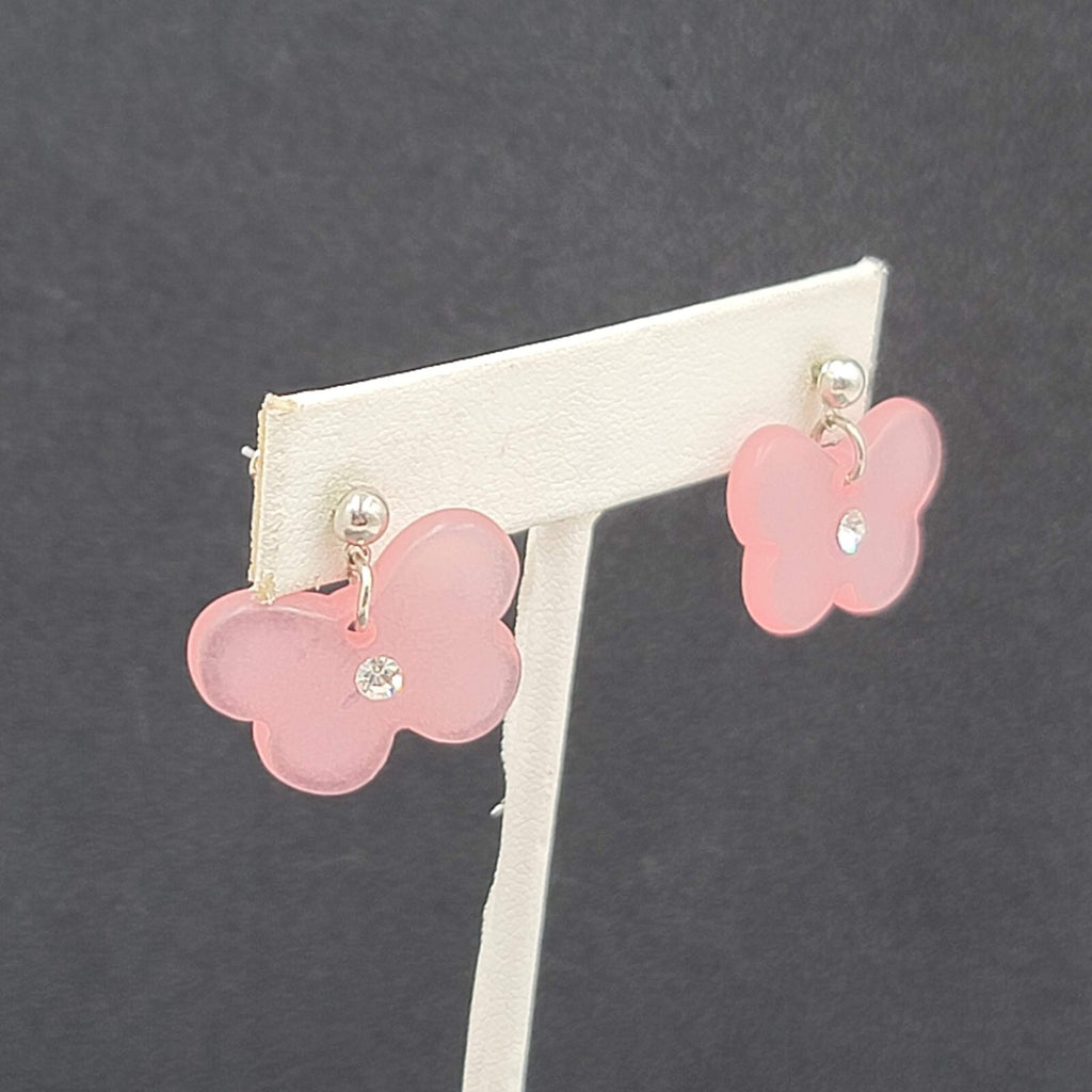 Butterfly Pierced Earrings Silver tone Pink Acrylic Bead Dangle 3/4"