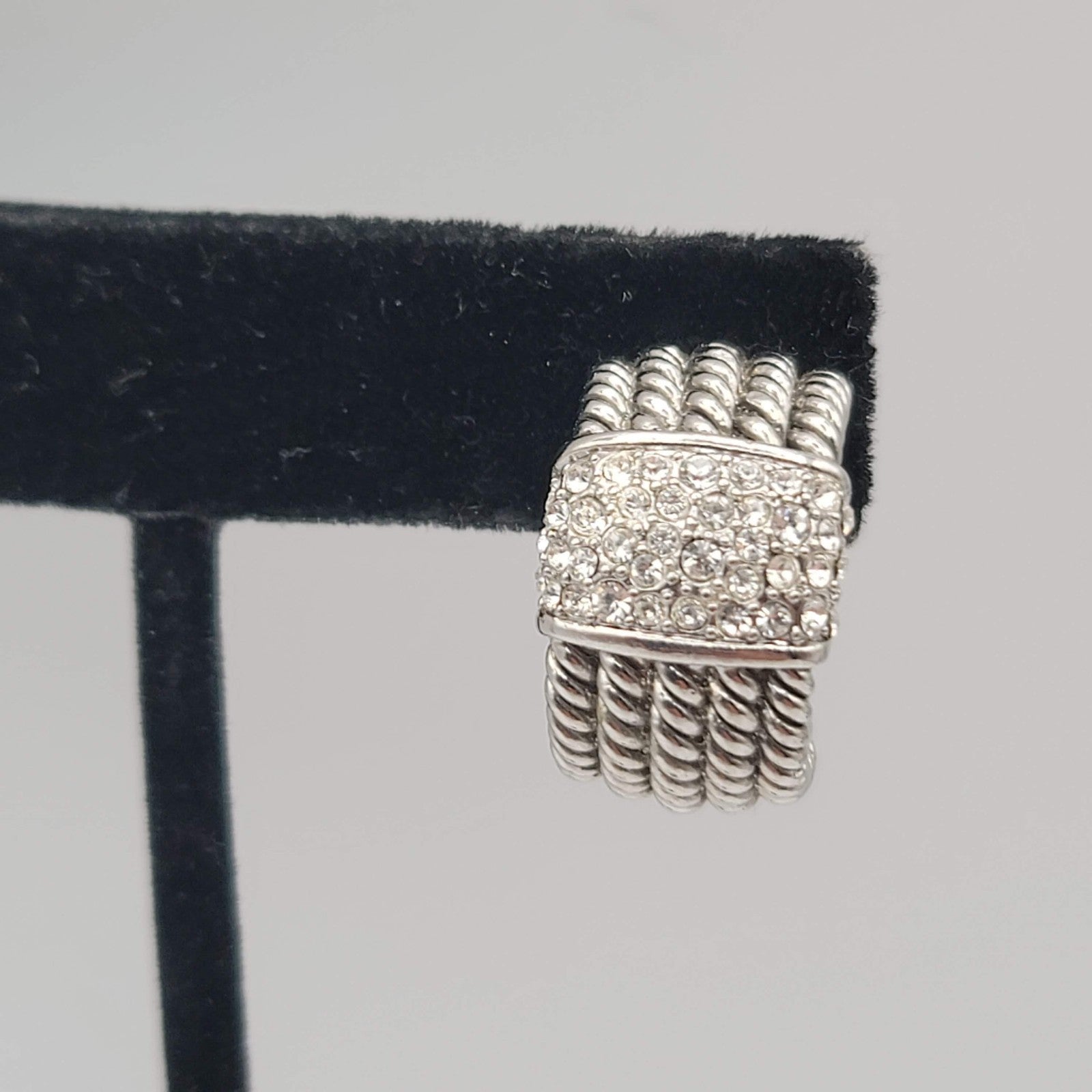 Crystal Pave Hoops Rope Design Pierced Earrings Silver tone Omega Back 3/4 in