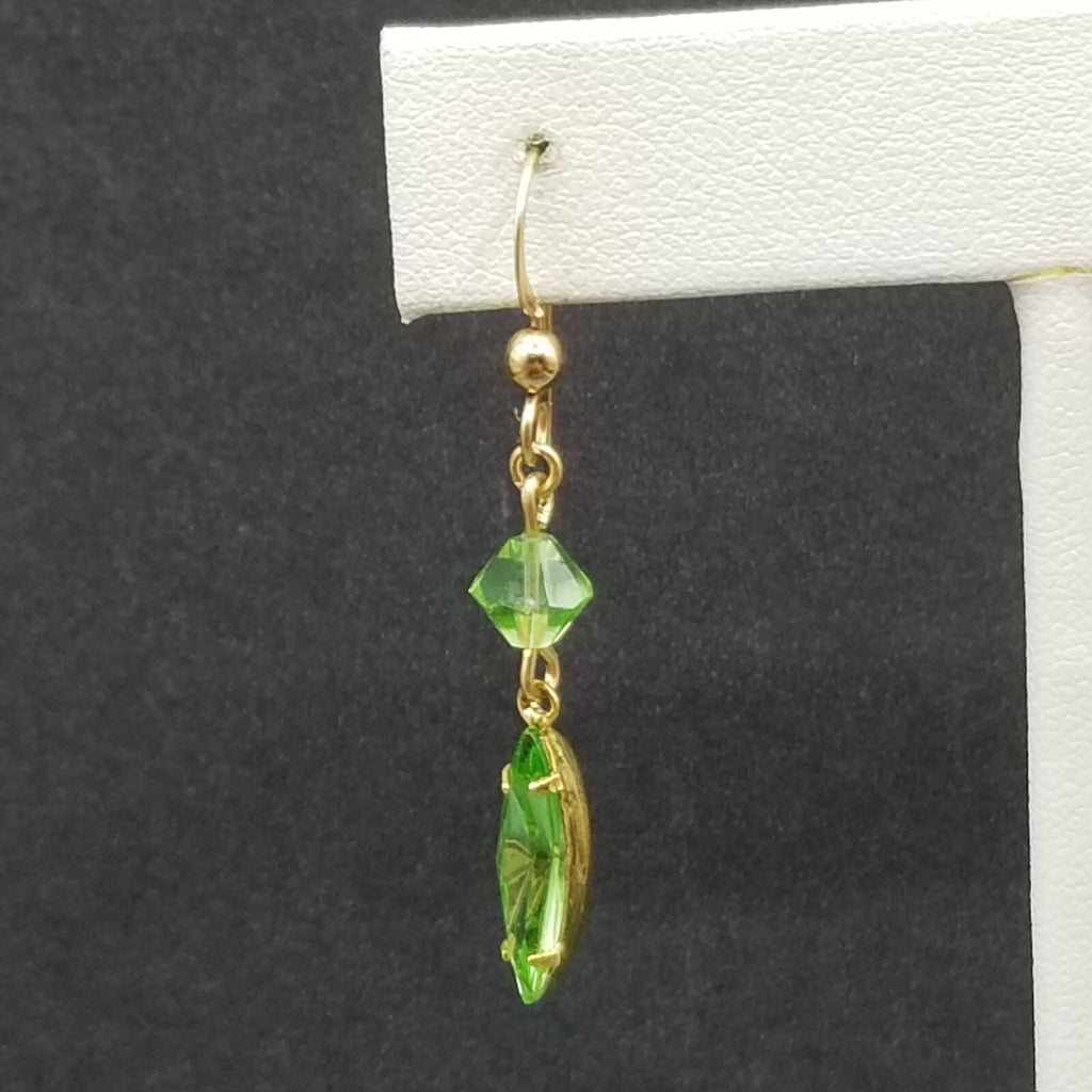 Pierced Earring Gold tone Green Crystal Faceted Bead Statement Dangle 1 1/8"