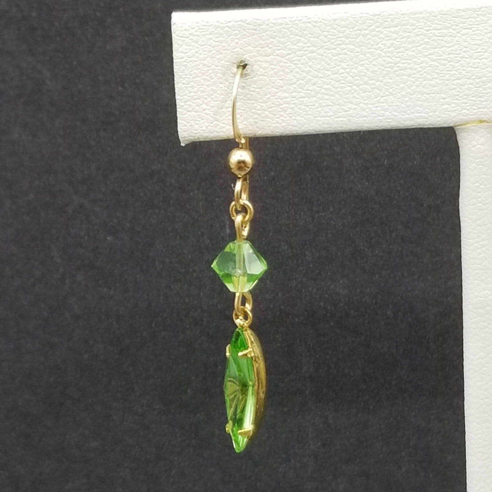 Pierced Earring Gold tone Green Crystal Faceted Bead Statement Dangle 1 1/8"