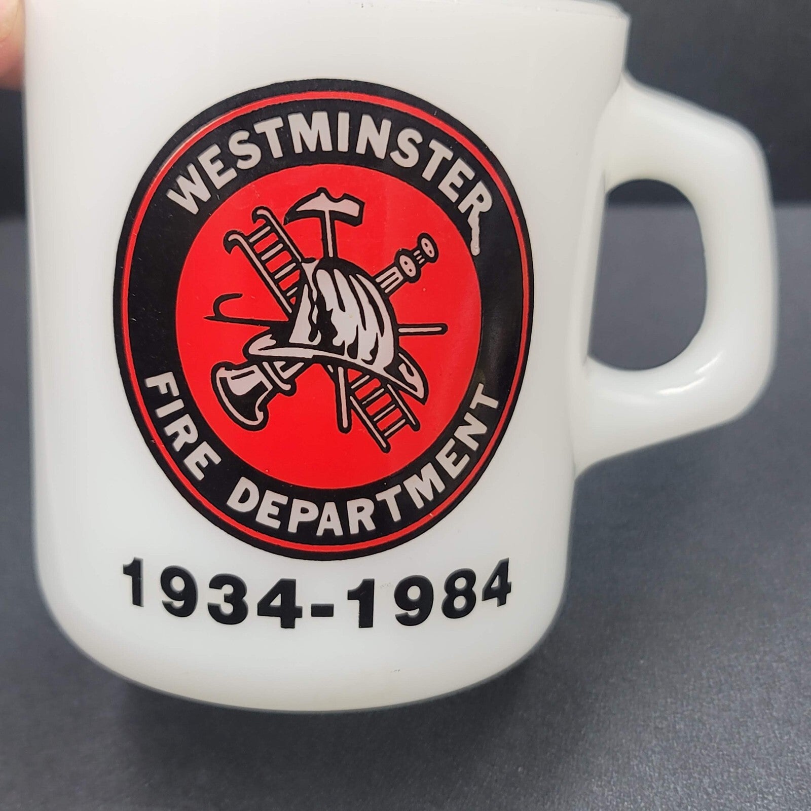 Vintage Westminster Fire Department Coffee Mug Galaxy Milk Glass 1984