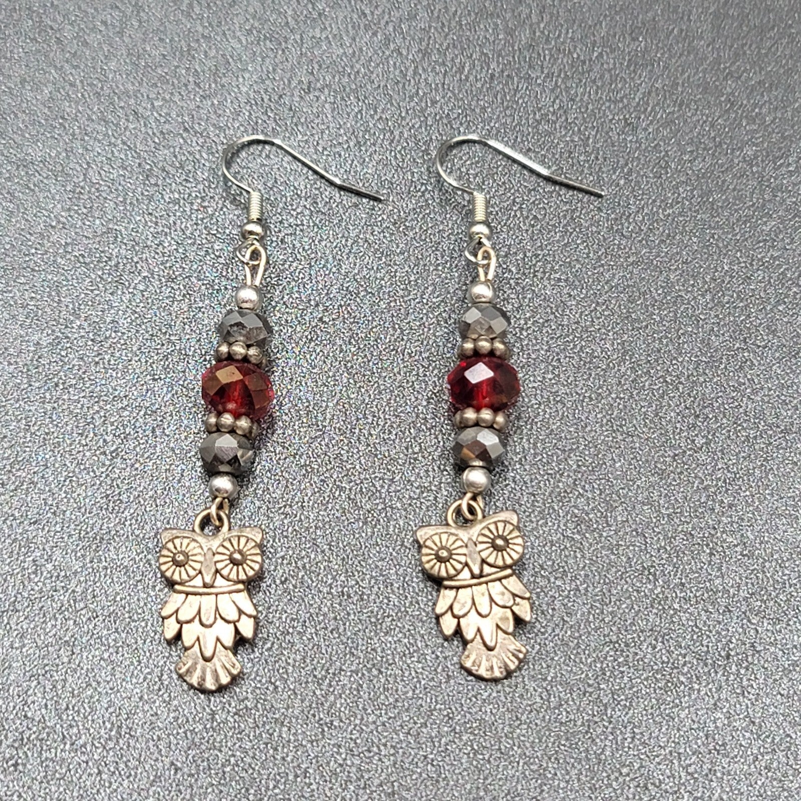 Owl Pierced Earrings Silver tone Red Bead Dangle 2"