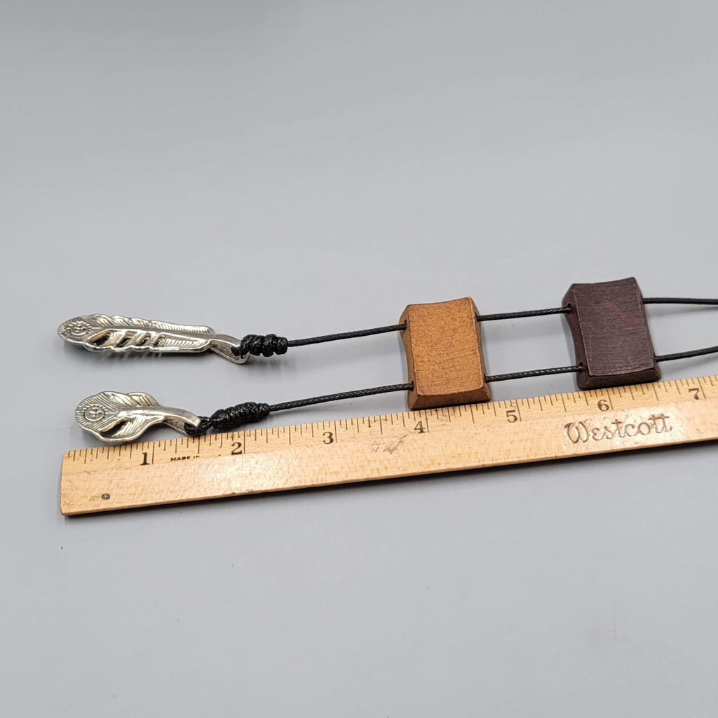 Bolo Style Wood Pendant Necklace Silver tone Feather Charms 30"