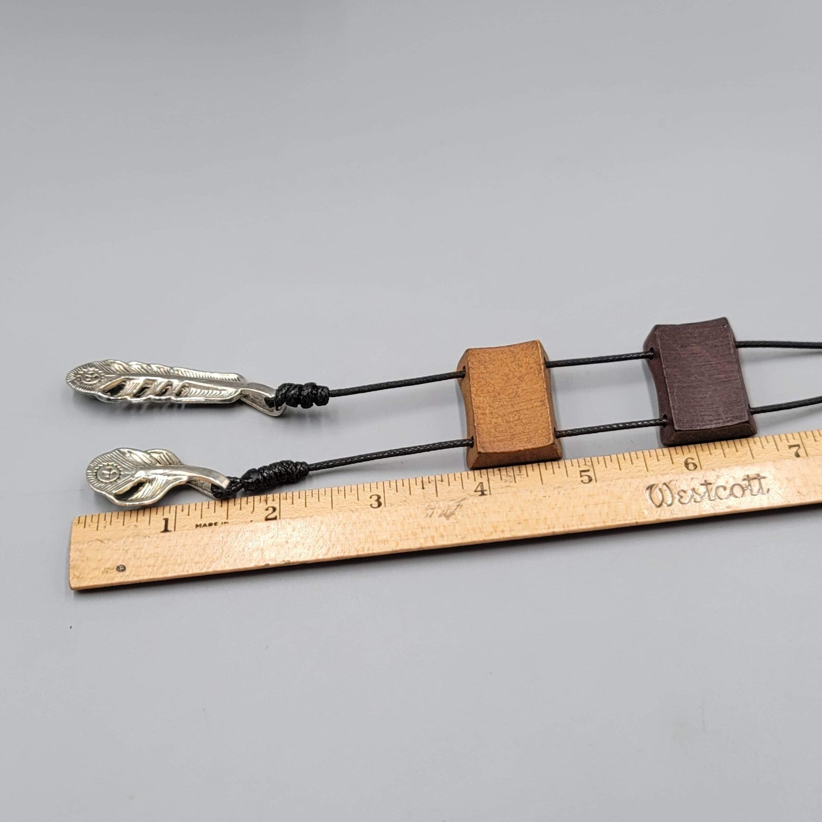 Bolo Style Wood Pendant Necklace Silver tone Feather Charms 30"