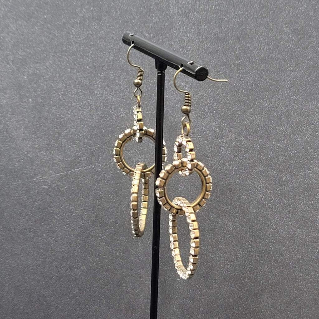 Pierced Earrings Bronze tone Concentric Circles Crystal Studded Dangle  2"