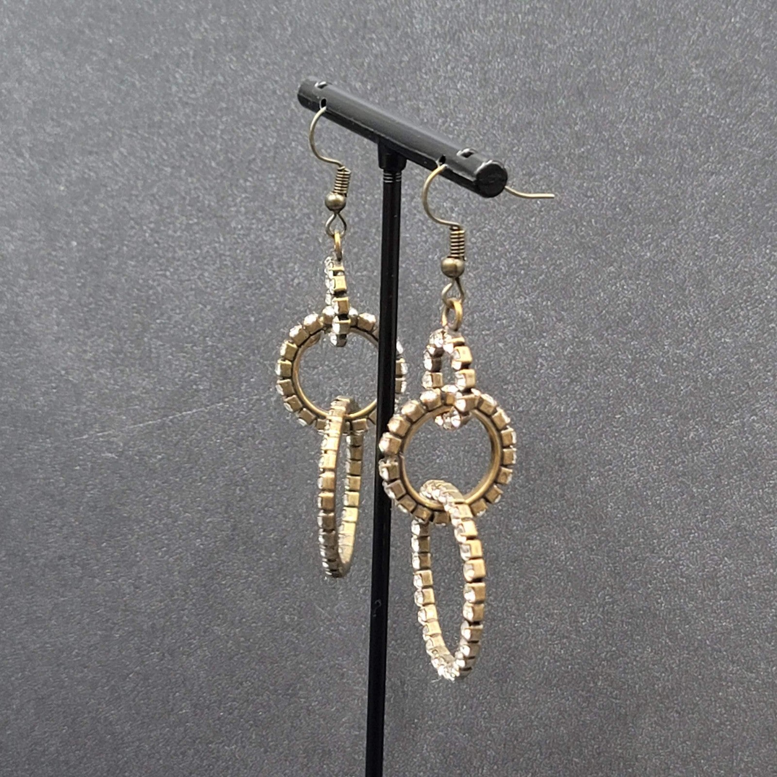 Pierced Earrings Bronze tone Concentric Circles Crystal Studded Dangle  2"