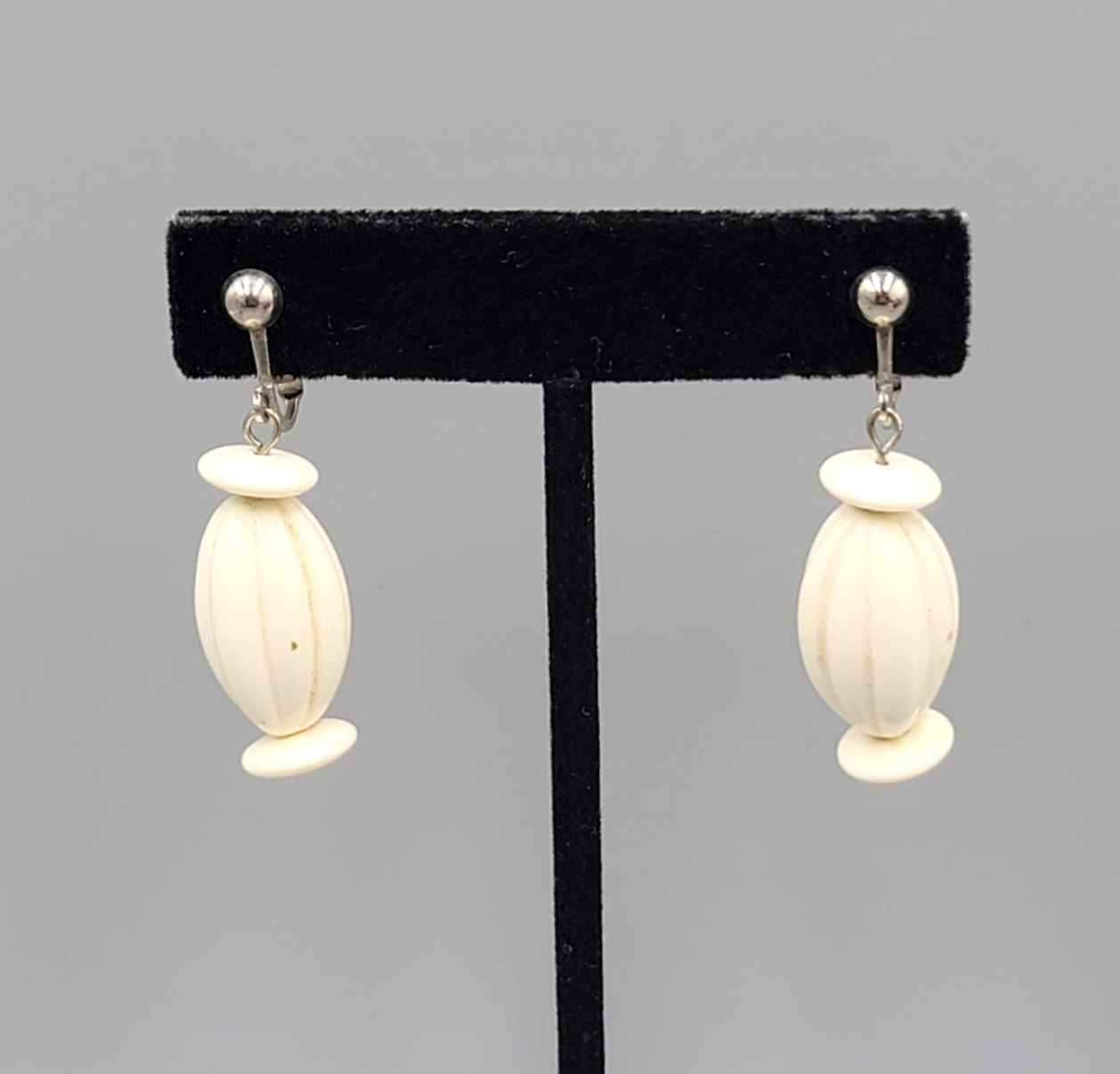 Vintage White Bead Clip on Earrings Silver tone Dangle  1.25"