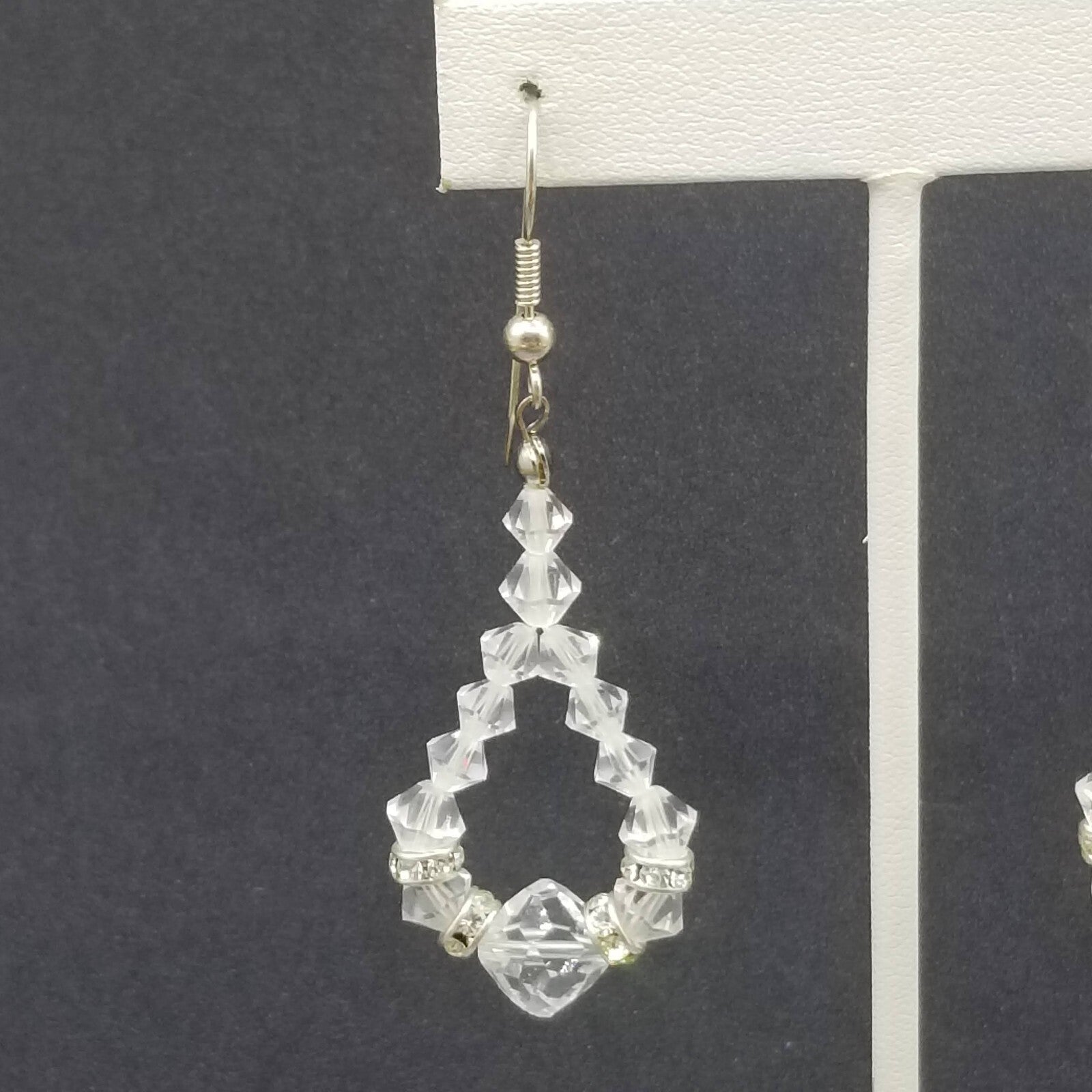 Pierced Earrings Silver tone Faceted Crystal Bead Loop Statement Dangle 1 5/8"