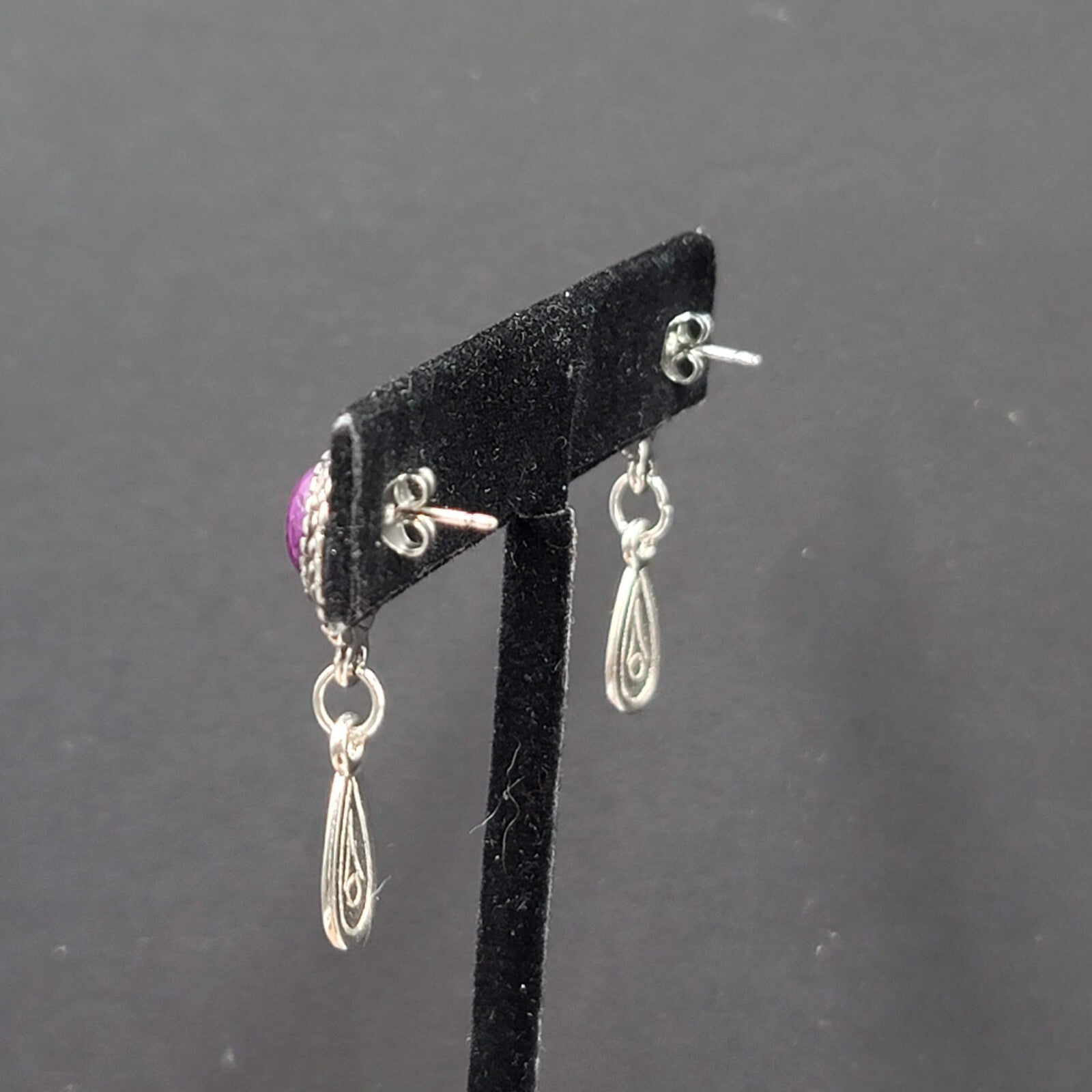 Vintage Pierced Earrings Silver tone Dangle Purple Cabochon 1.25"