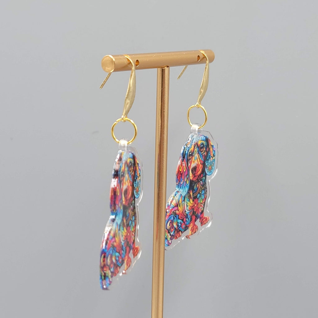 Colorful Dachshund Dog Pierced Earrings Acrylic Dangle Gold tone 1.75"
