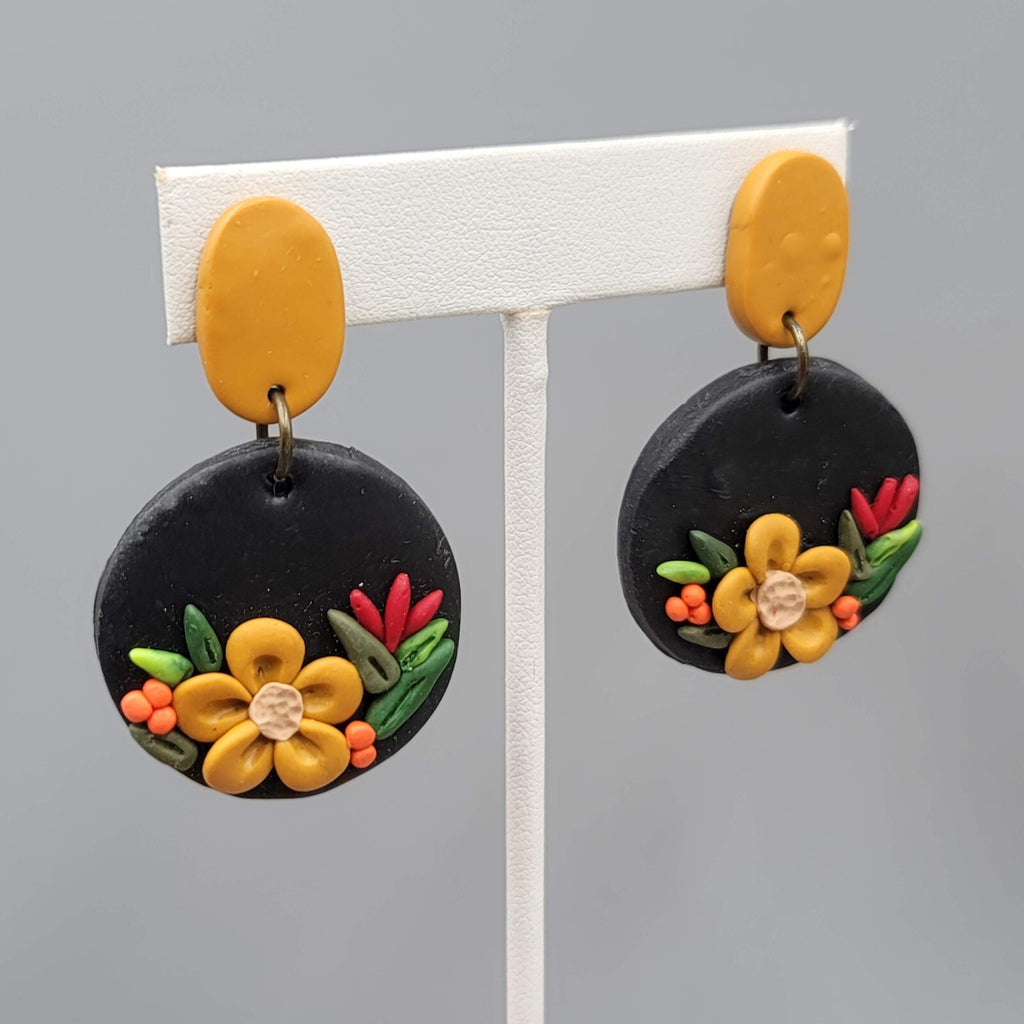 Polymer Clay Flower Pierced Earrings Tan Black Dangle Fall 1.75"