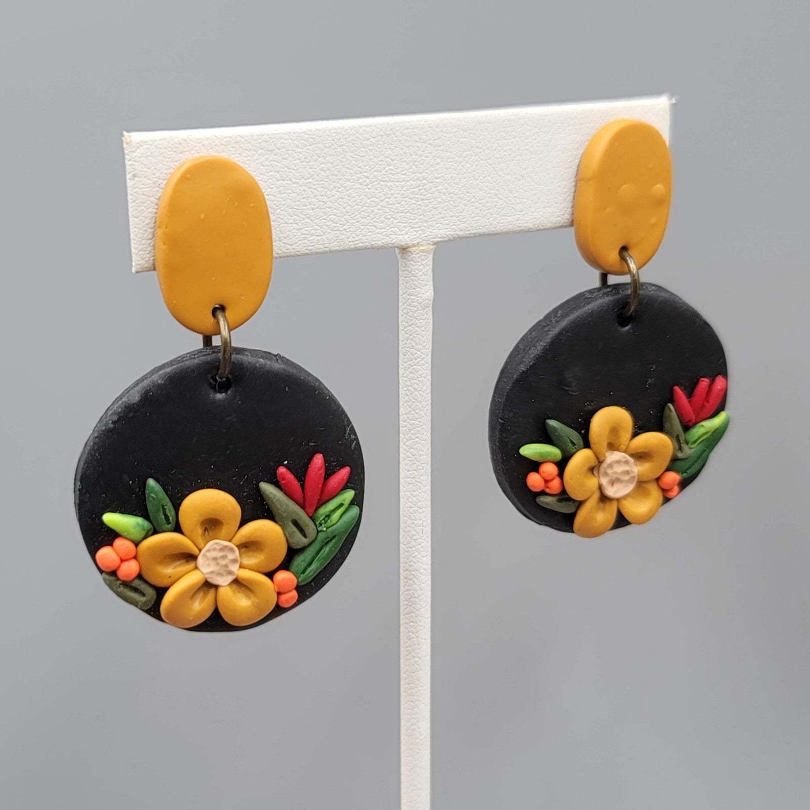 Polymer Clay Flower Pierced Earrings Tan Black Dangle Fall 1.75"