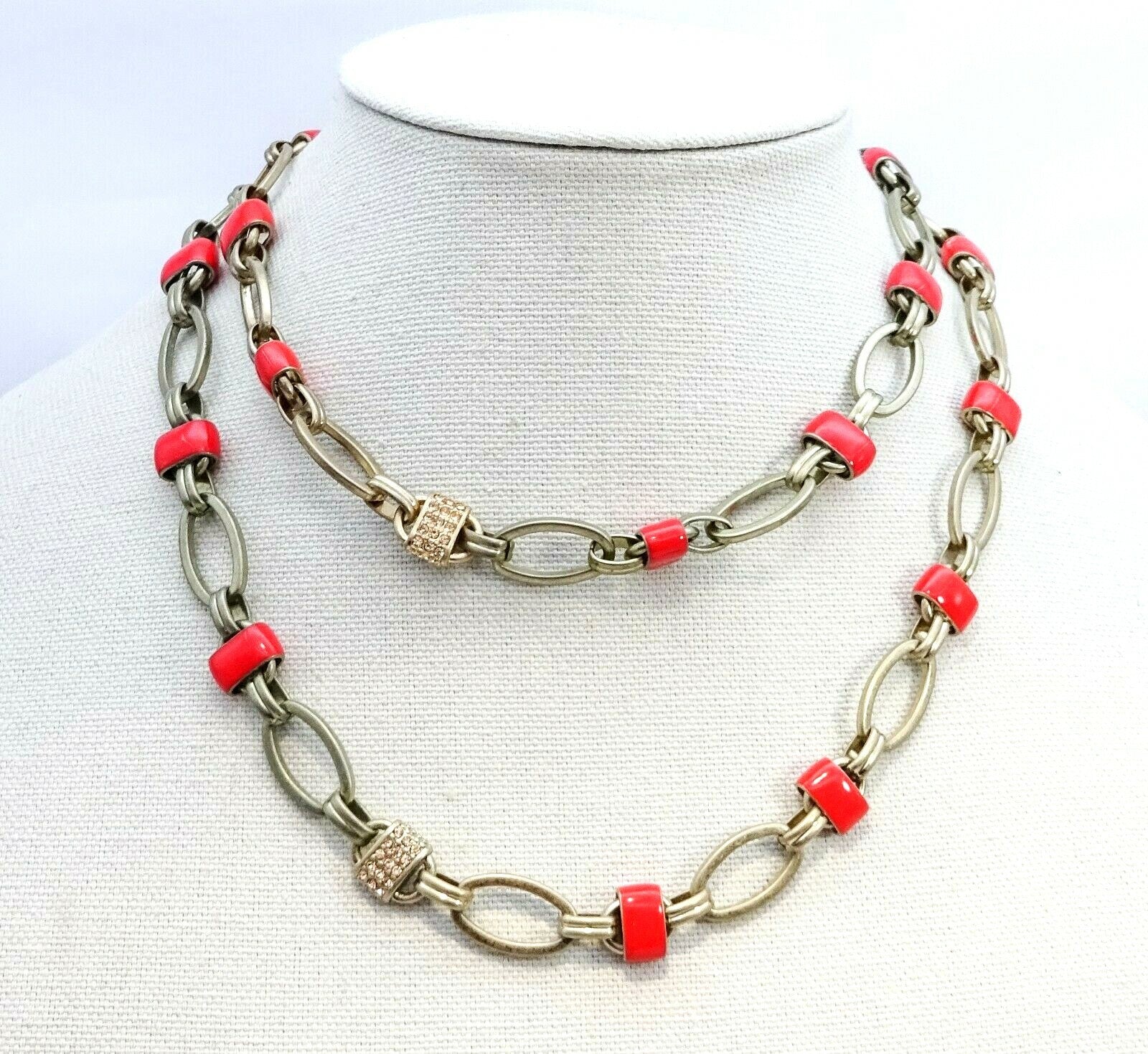 COLDWATER CREEK Gold tone Red Enamel Rhinestone Necklace 36" - 38"