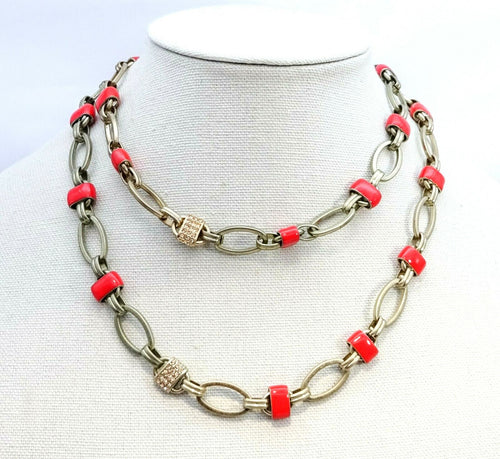 COLDWATER CREEK Gold tone Red Enamel Rhinestone Necklace 36" - 38"
