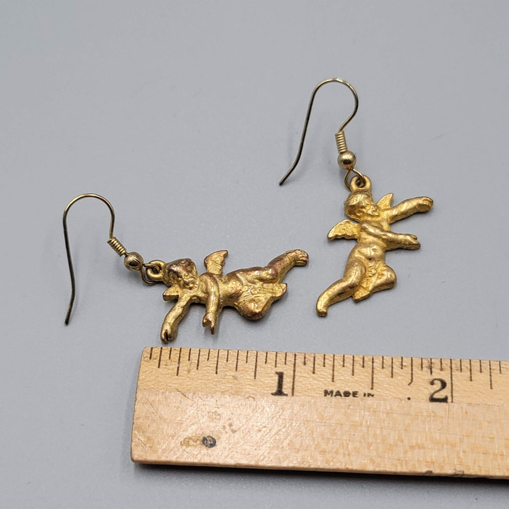 Vintage Cupid Cherub Angel Pierced Earrings Gold tone Dangle 1"