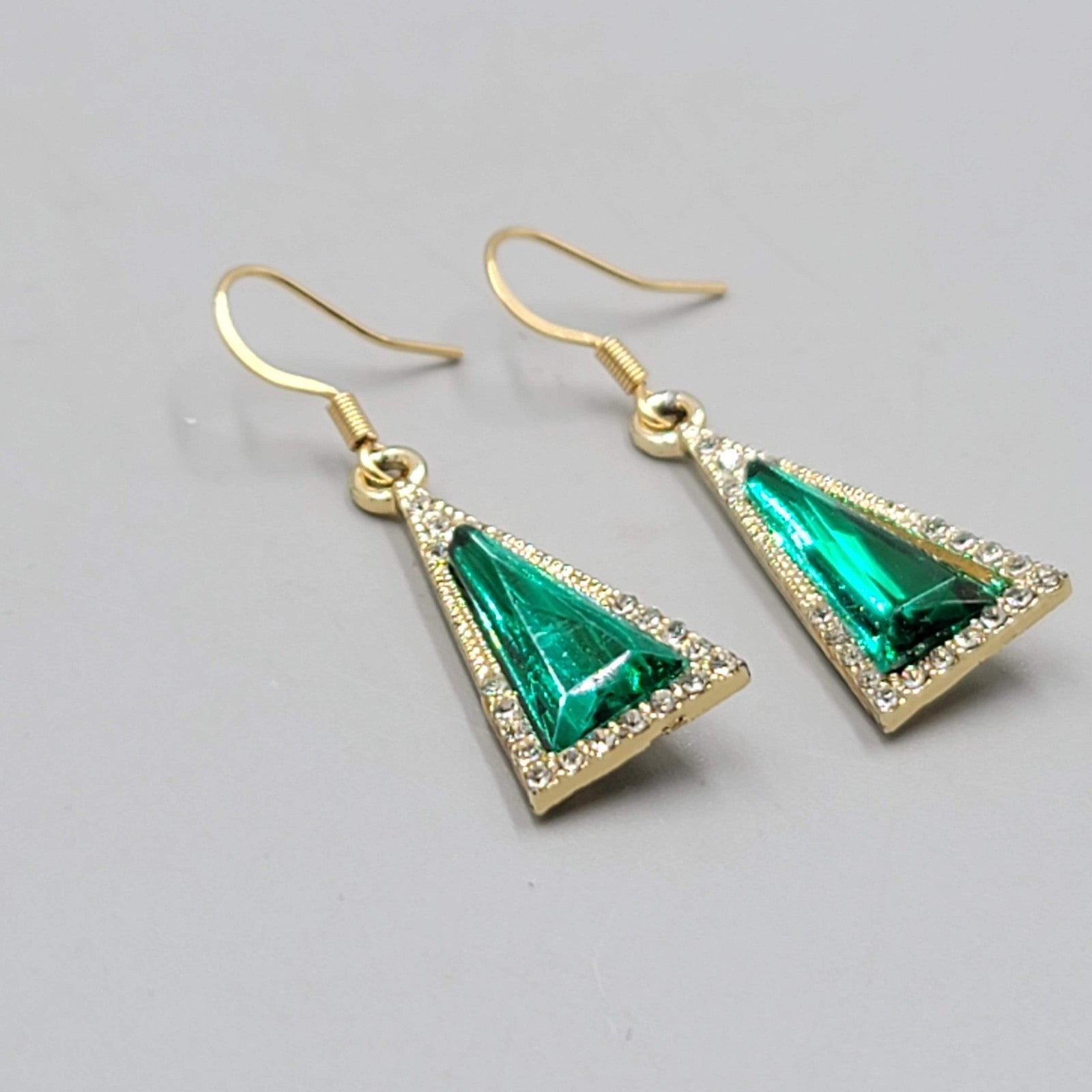 Green Rhinestone Triangle Pierced Earrings Gold tone Dangle 7/8"